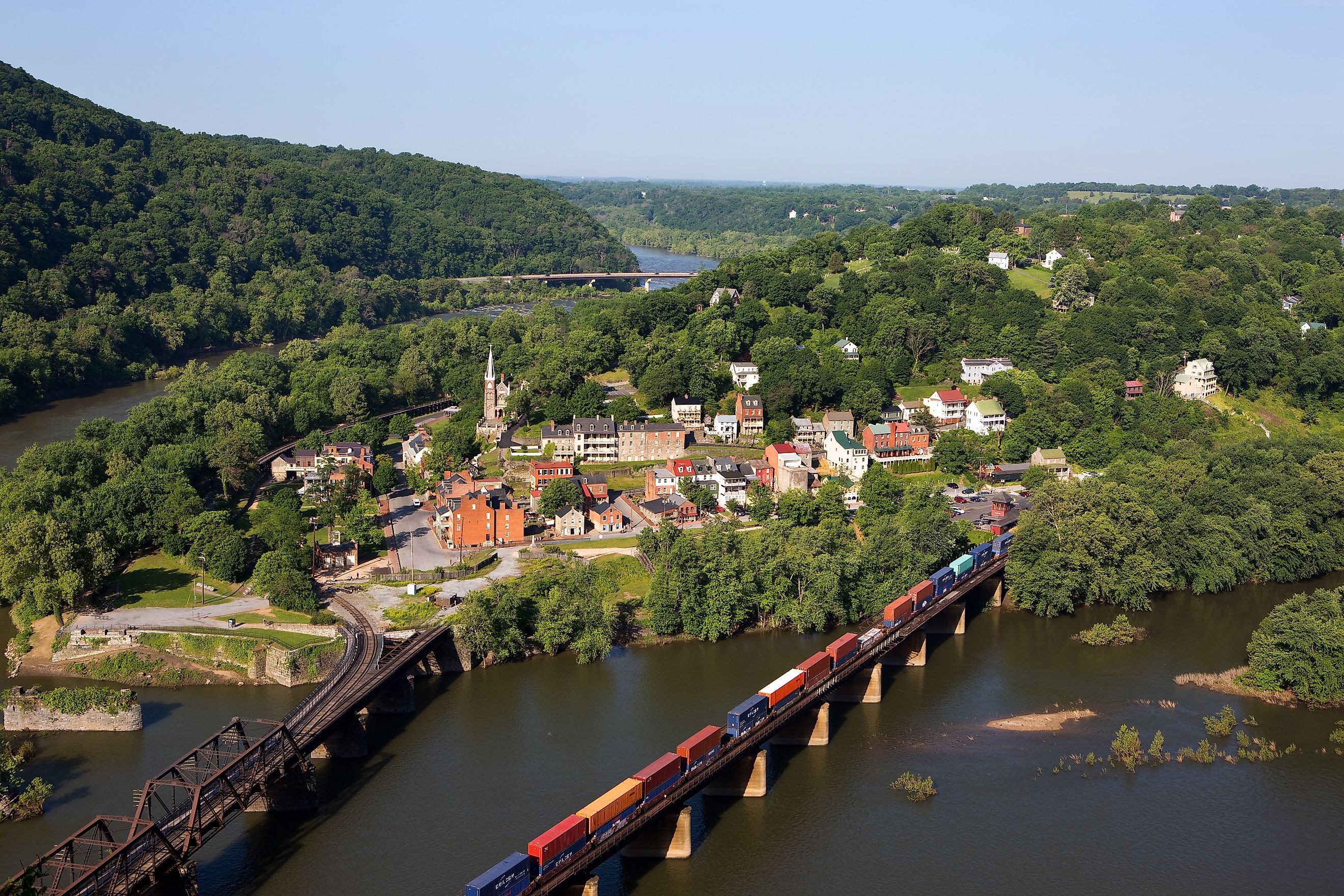 Aerial view of the town of Harpers Ferry, West Virginia.