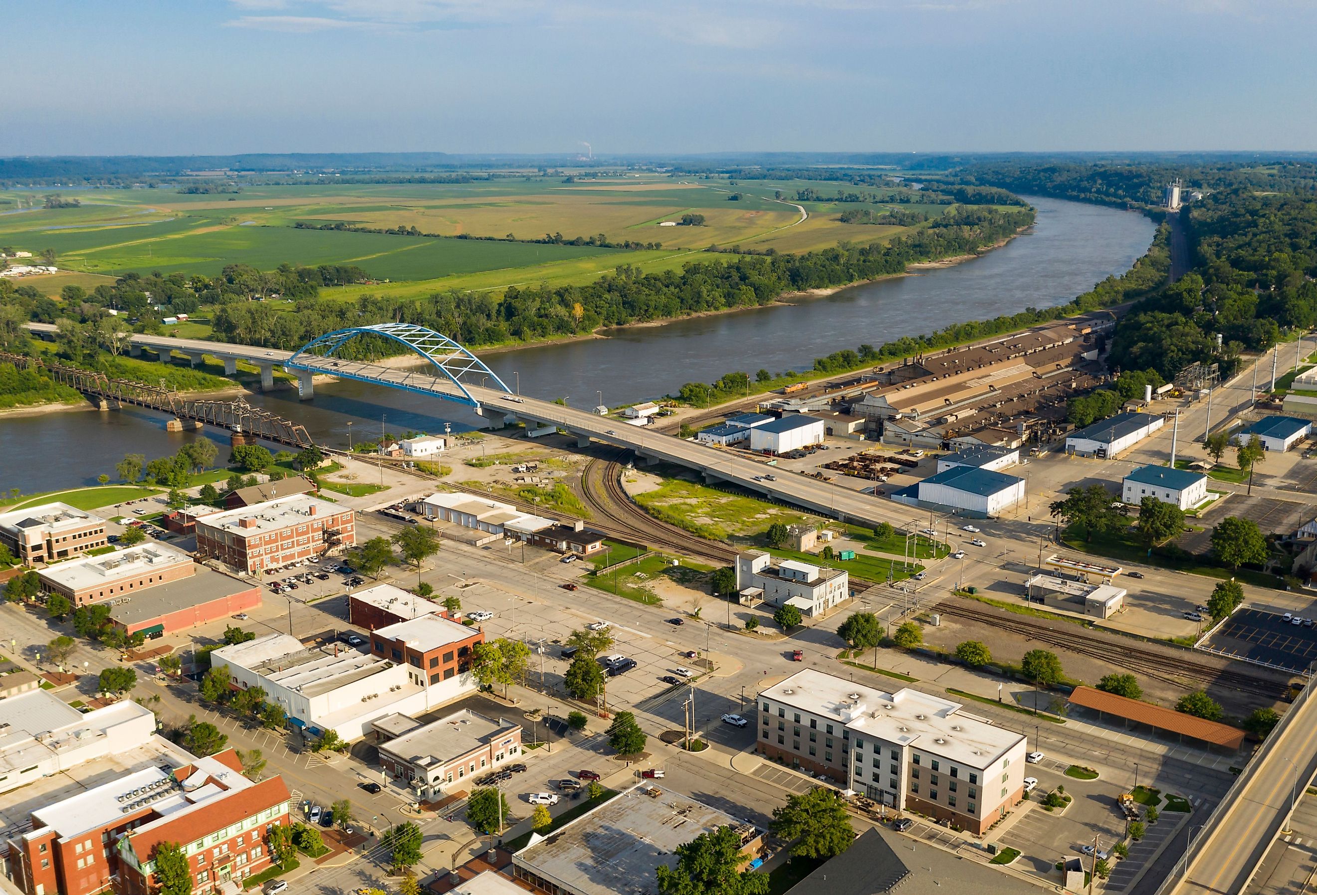 Aerial view over downtown city center of Atchison Kansas in mid morning light.