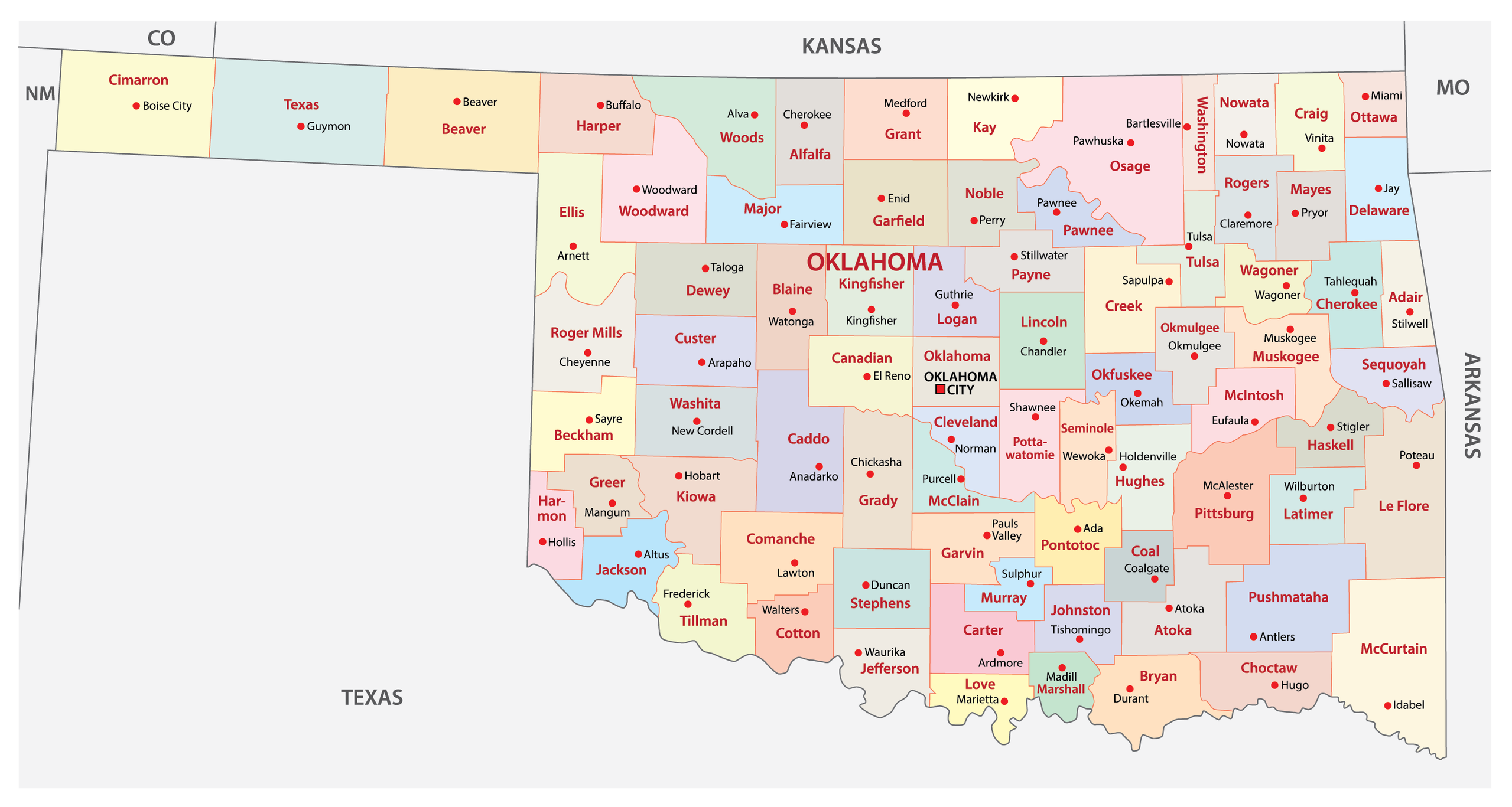 Ok Counties Map Labeled