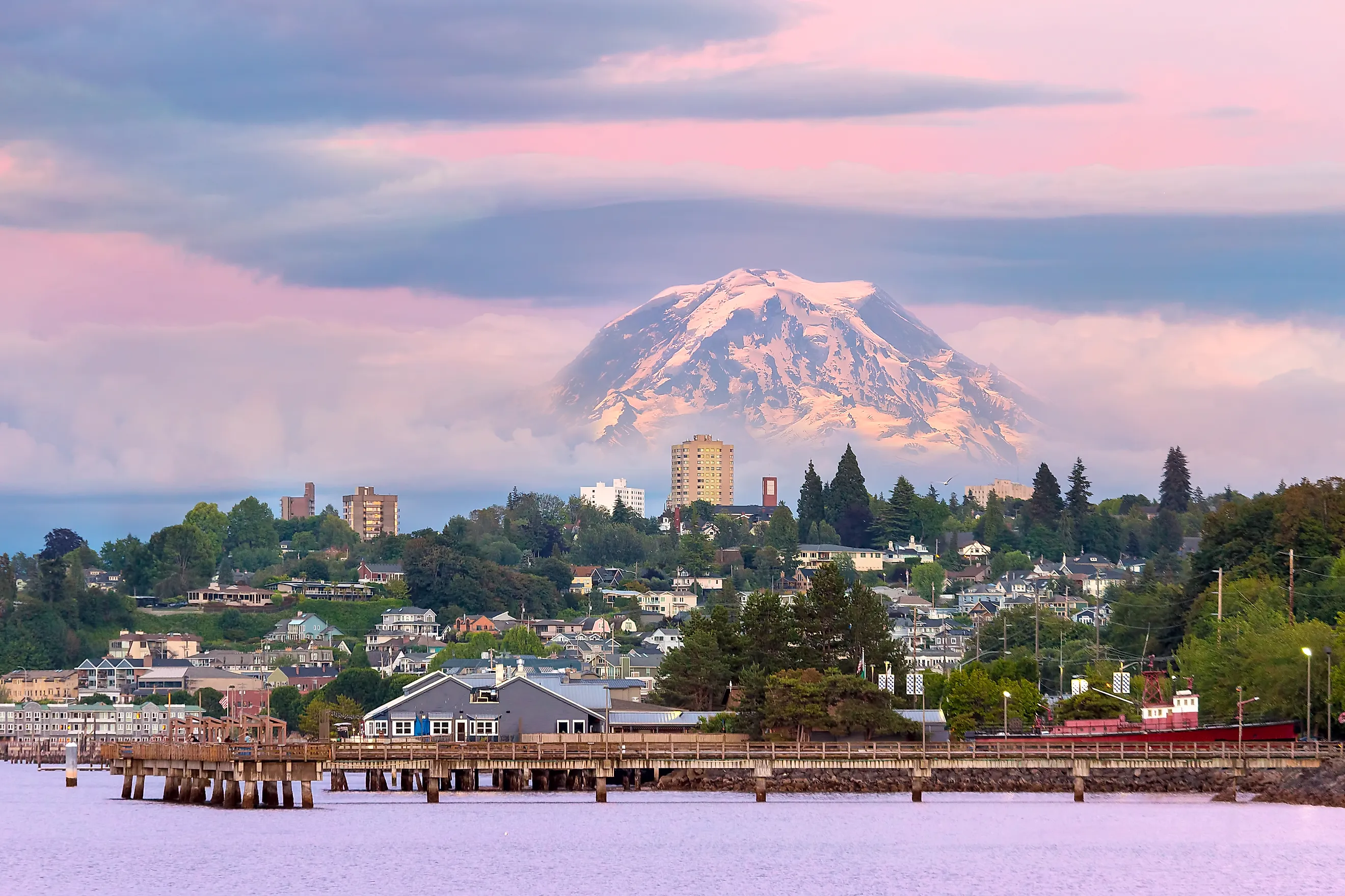 Mount Rainier over Tacoma Washington waterfront. 