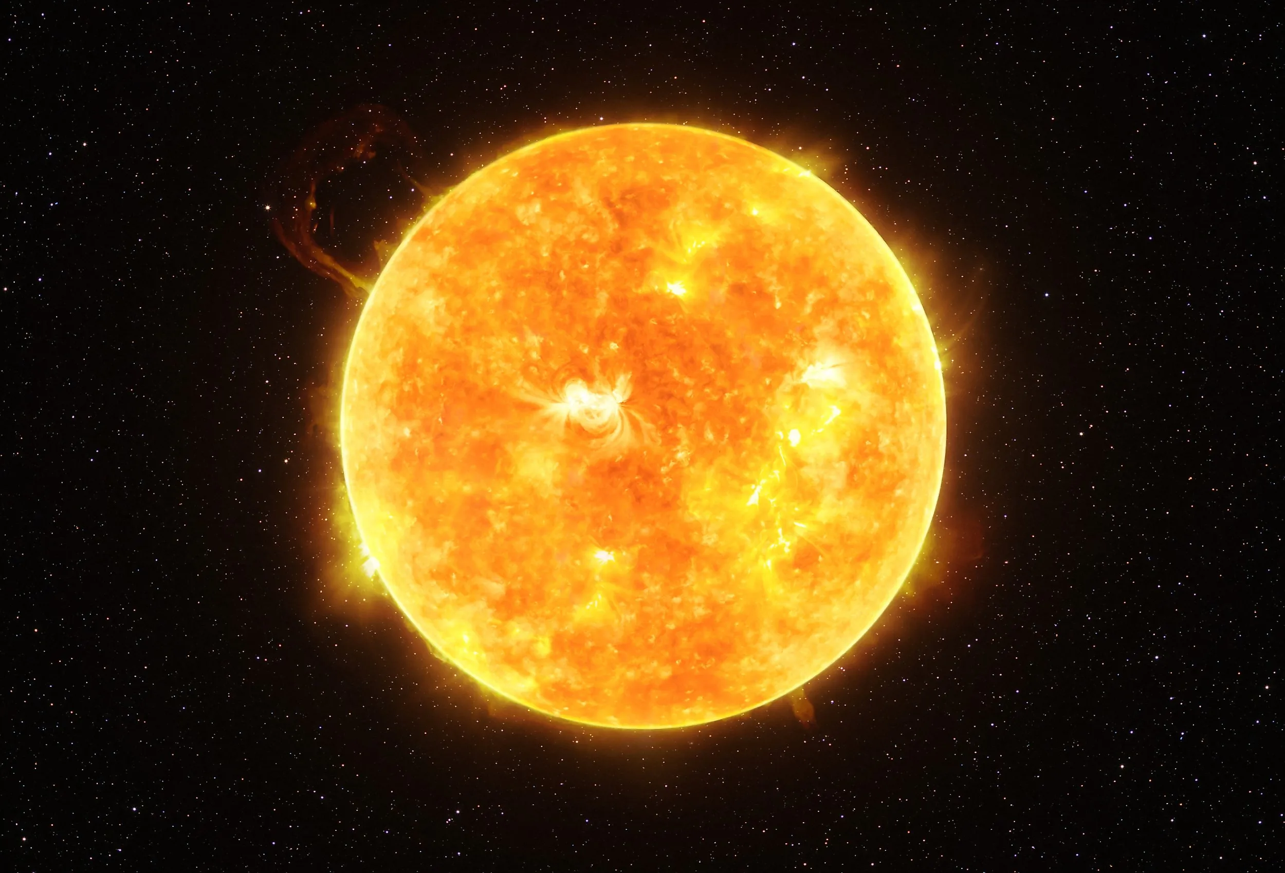 Bright Sun against dark starry sky in Solar System (elements of this image furnished by NASA).