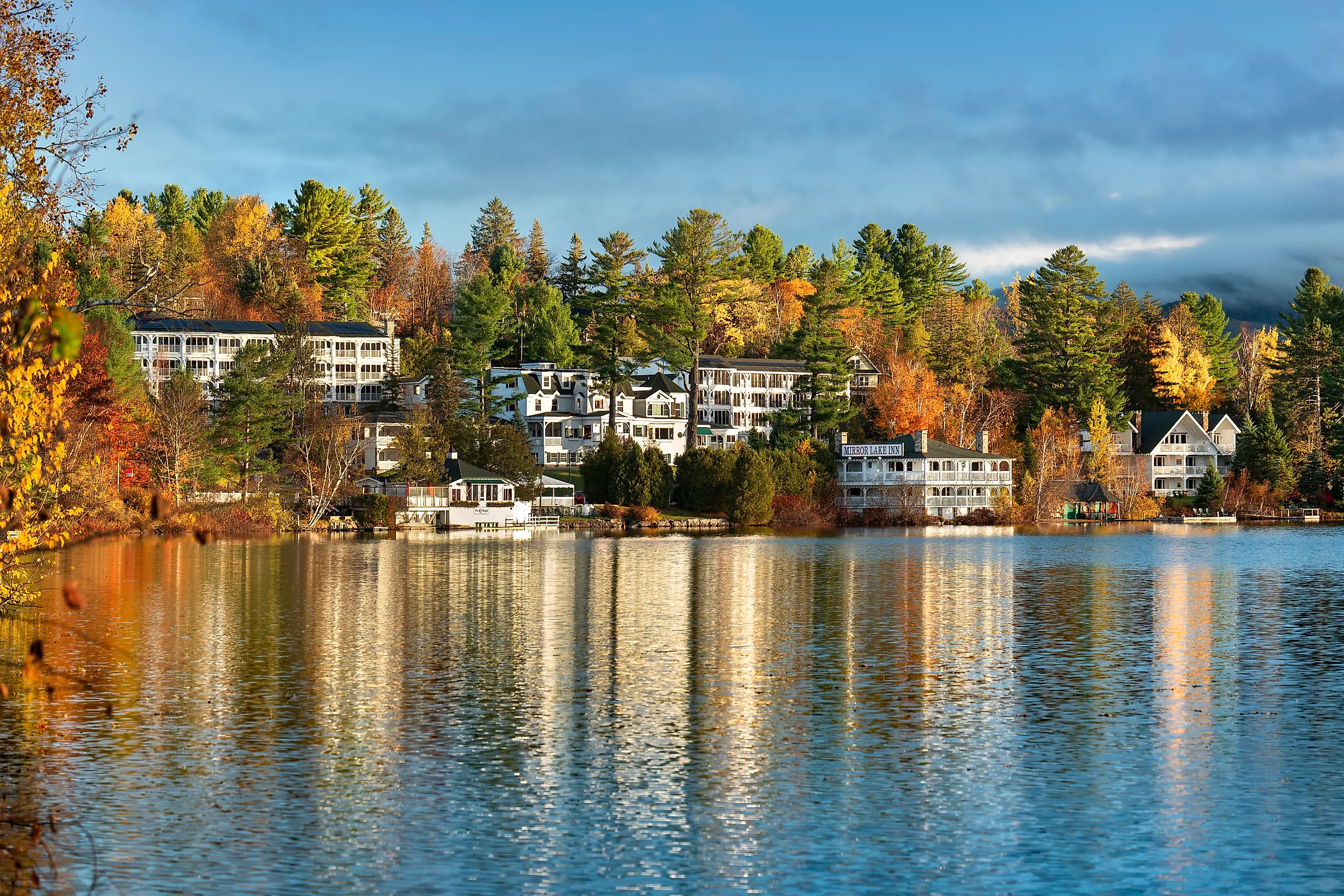Lake Placid town over Mirror Lake Adirondack Mountains New York