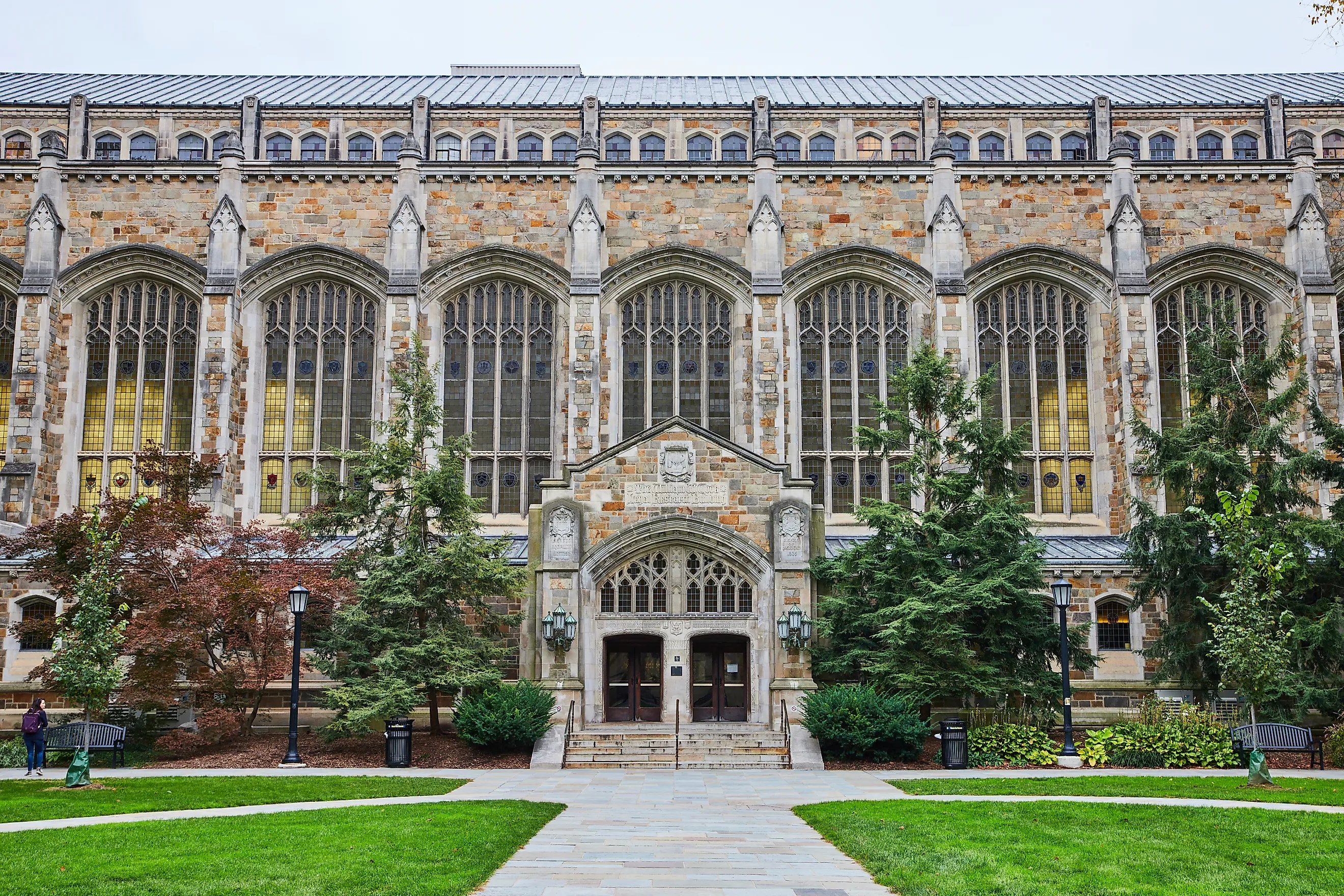 Editorial Photo Credit: Nicholas J Klein via Shutterstock. Gothic Style University Library with Manicured Lawn, University of Michigan