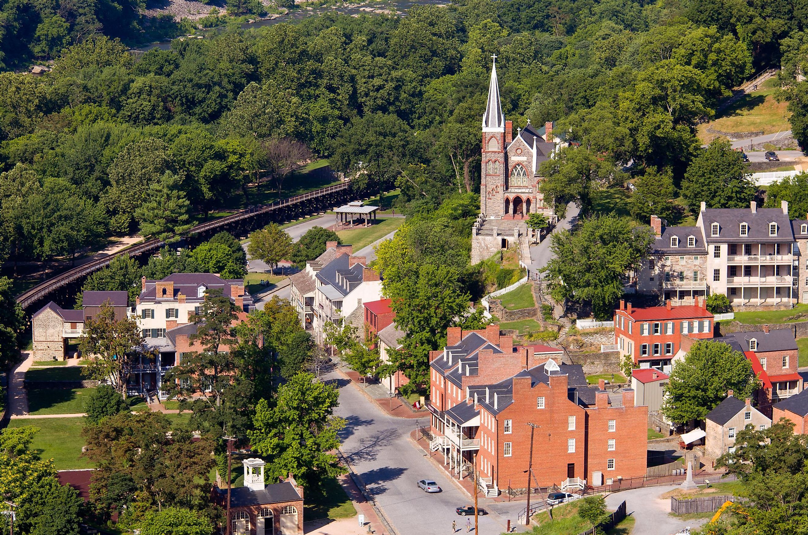 Aerial view over the National Park town of Harpers Ferry in West Virginia with the church and old buildings in the city