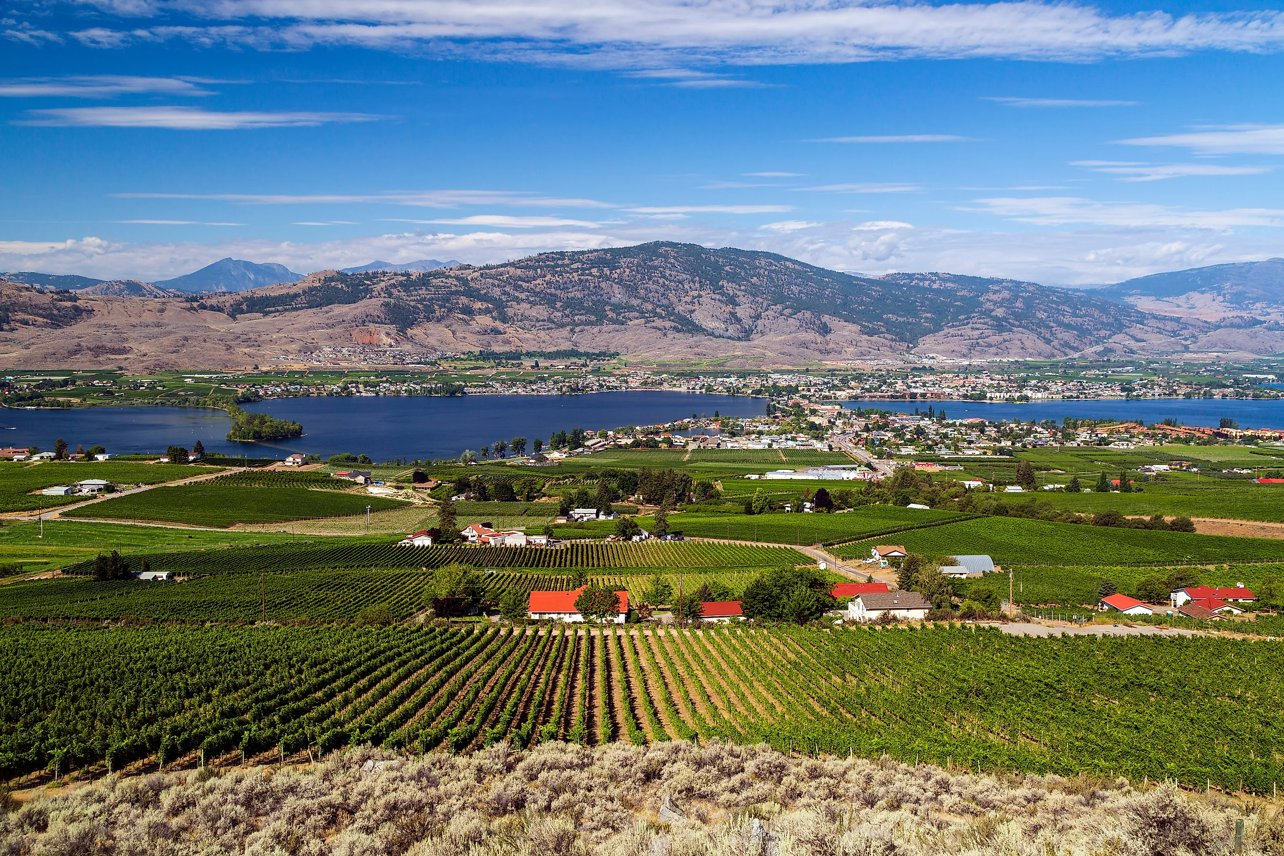View of the small town of Osoyoos and Osoyoos Lake in British Columbia.