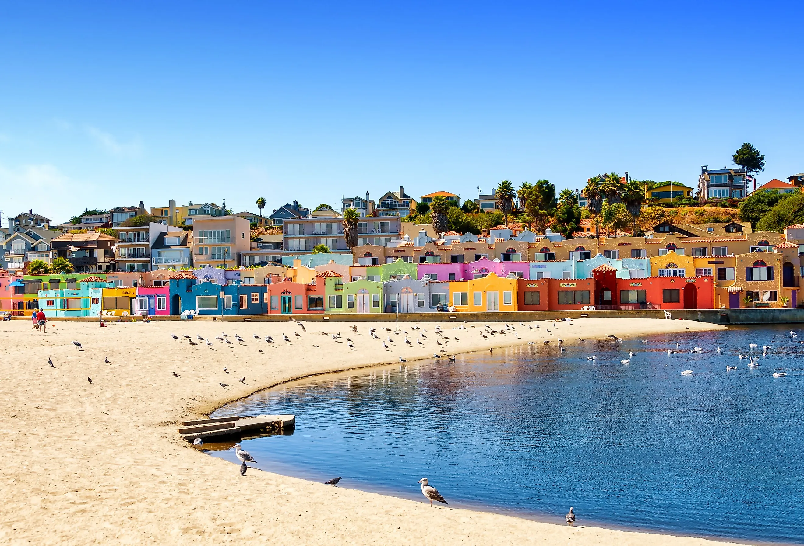 Colorful residential neighborhood Capitola Venetian Court in the California coast.