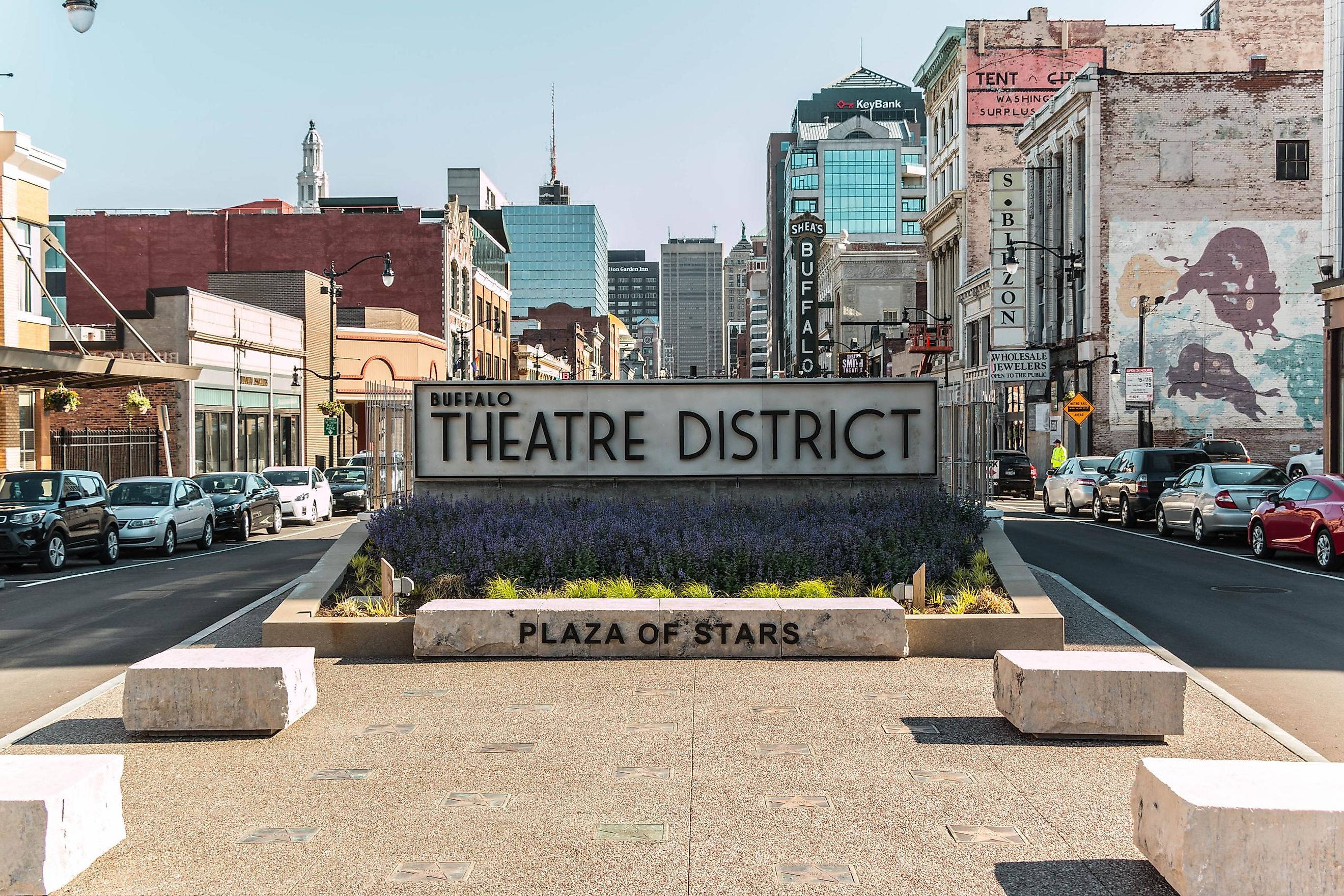 The north end of Buffalo, New York's theatre district on Main Street during afternoon.