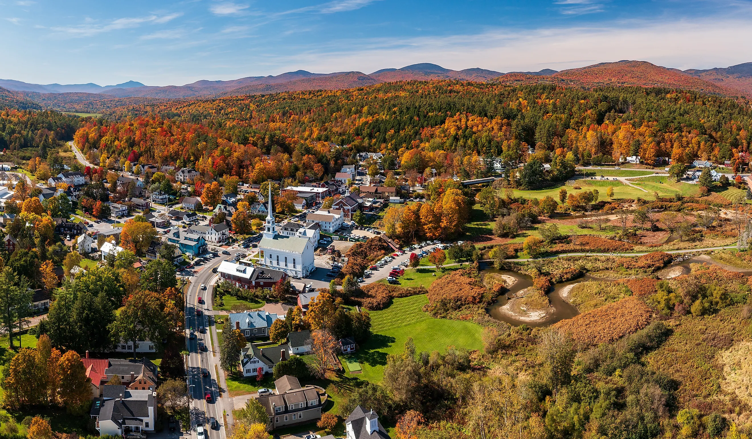 Panoramic aerial view of the town of Stowe, Vermont