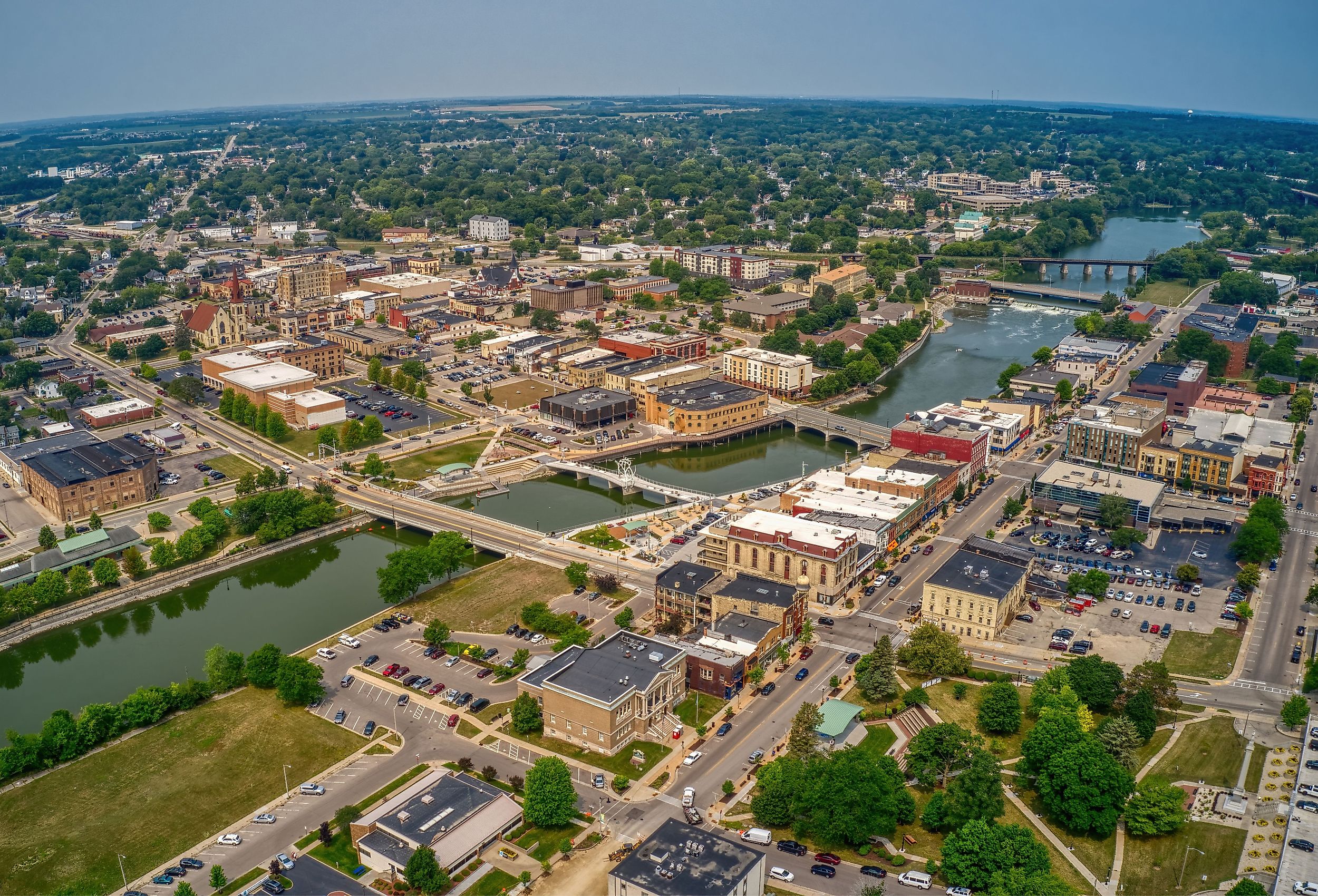 Aerial View of Downtown Janesville, Wisconsin during summer.