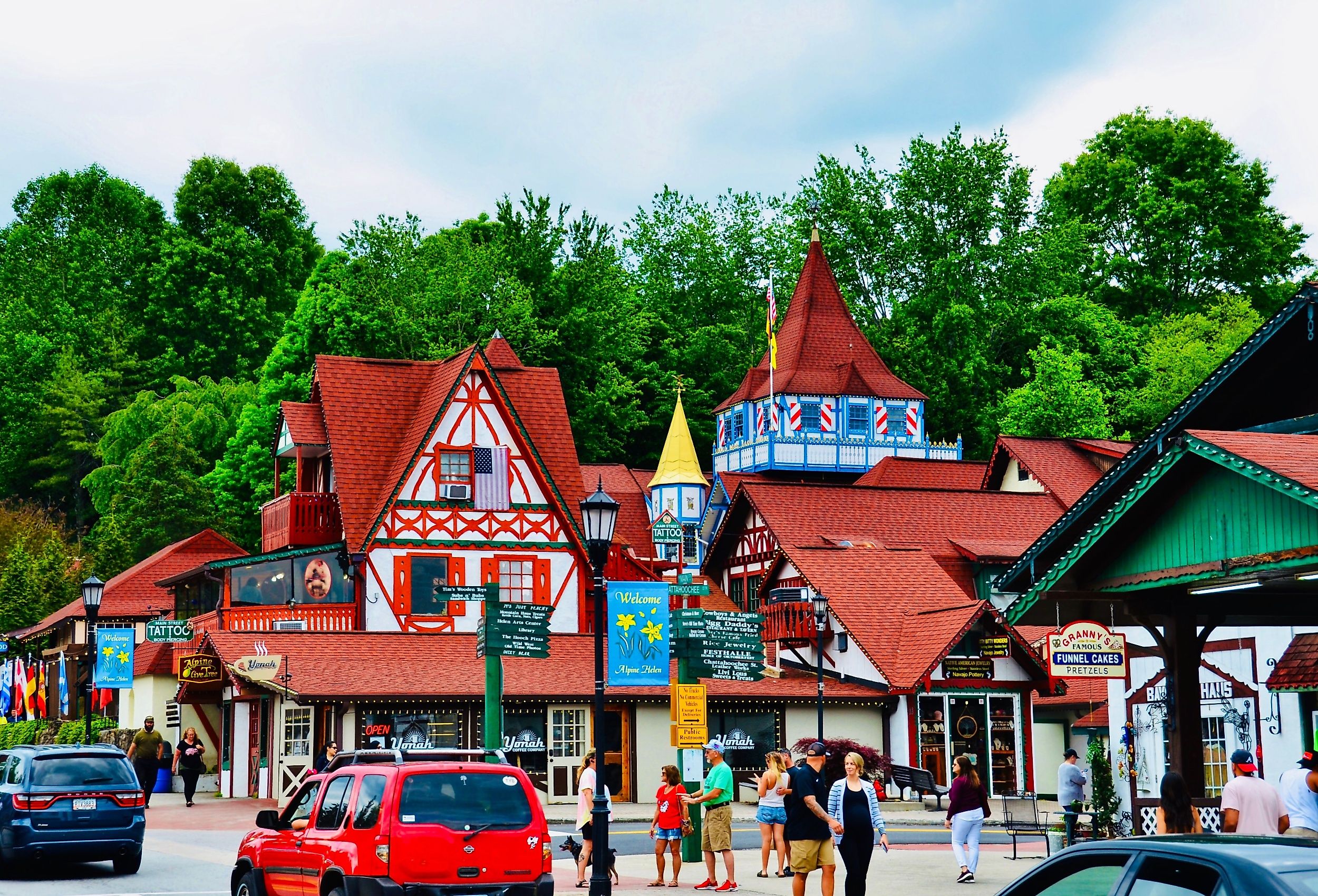Cityscape with the well known Bavarian-style buildings in Helen. Image credit PQK via Shutterstock.