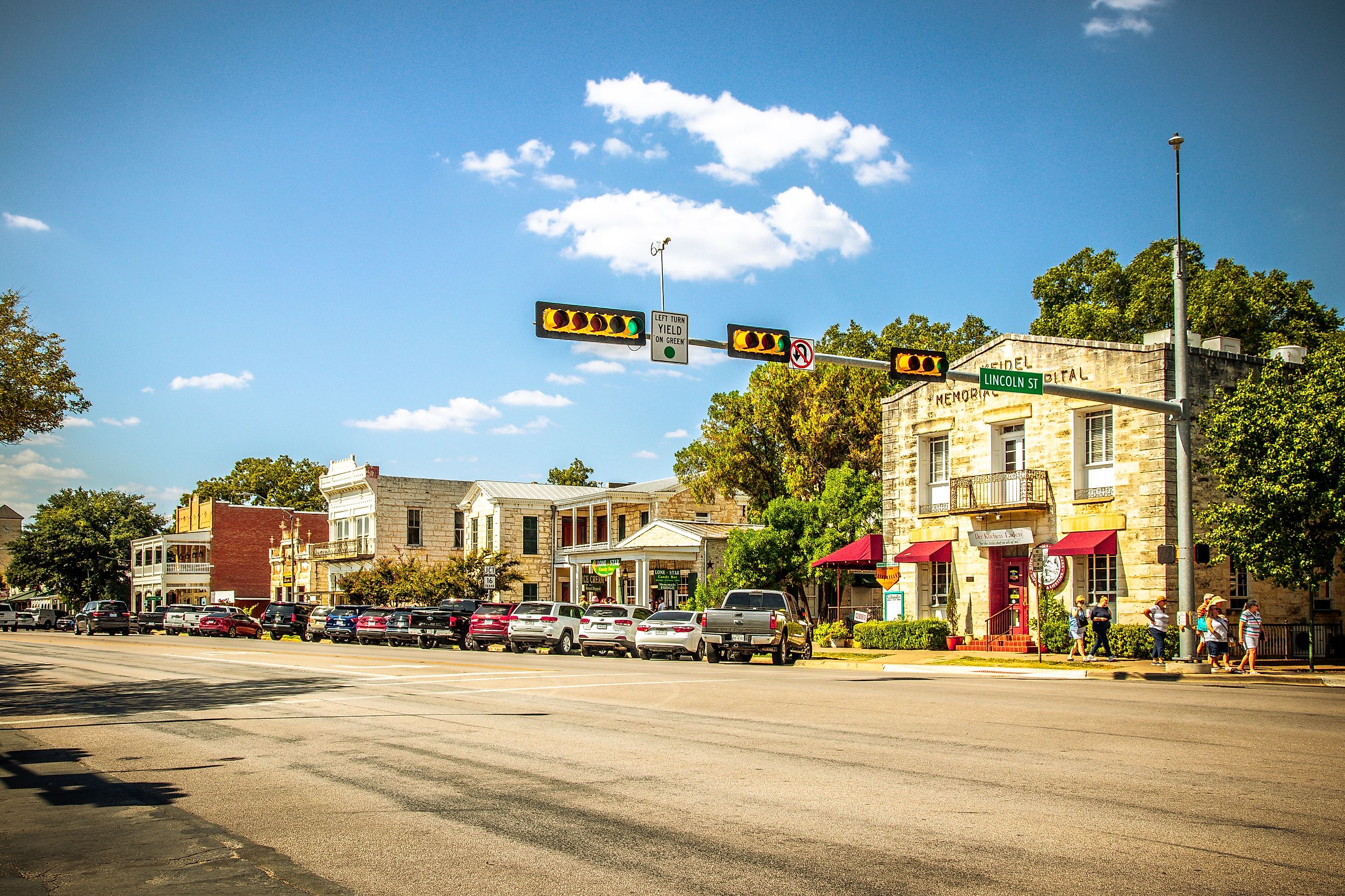 Fredericksburg, Texas, USA-07 September 2019 : The Main Street in Frederiksburg, Texas, also known as "The Magic Mile", with retail stores and poeple walking