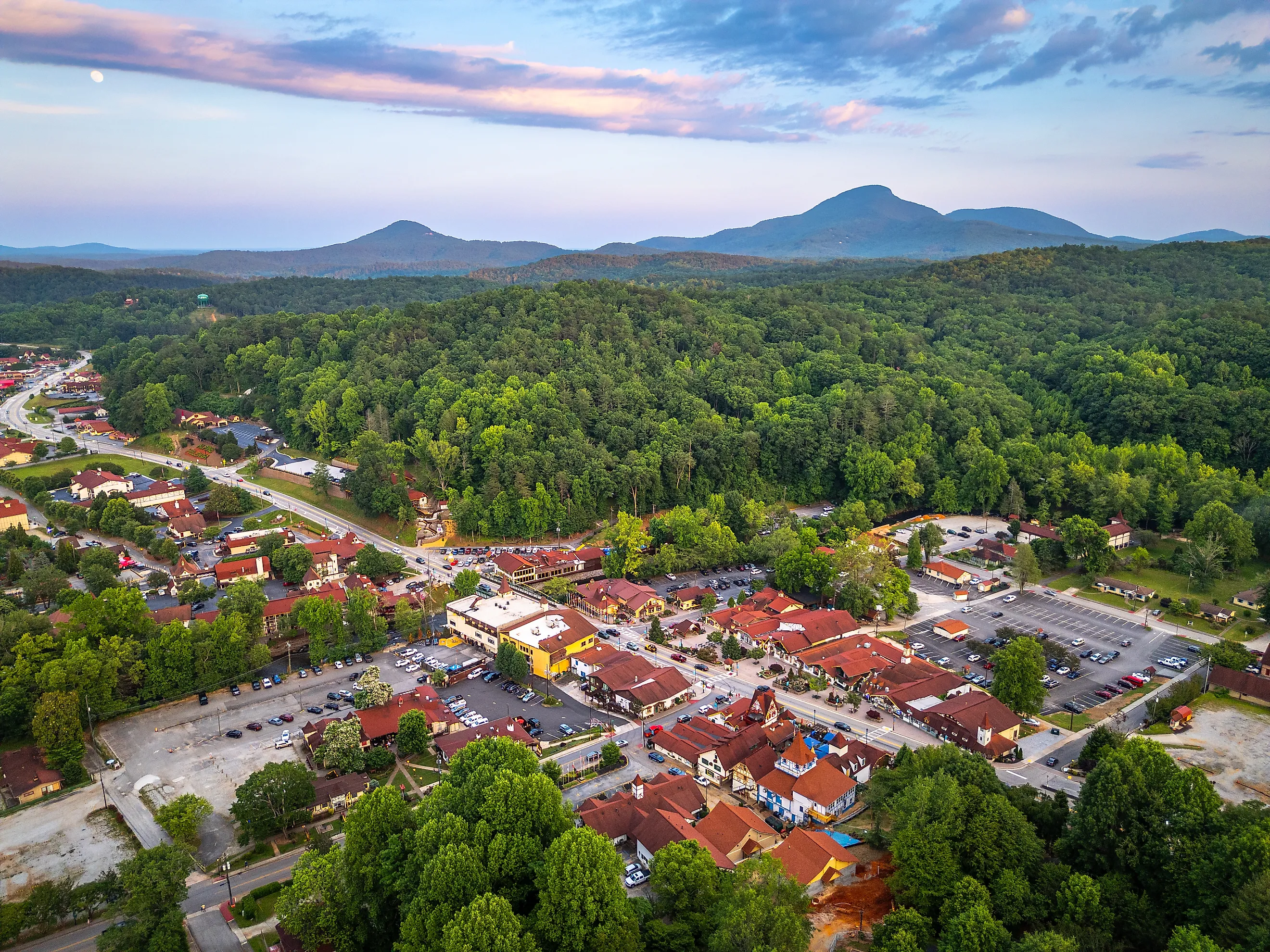 Helen, Georgia, USA downtown at night with Mt. Yonah in the distance.