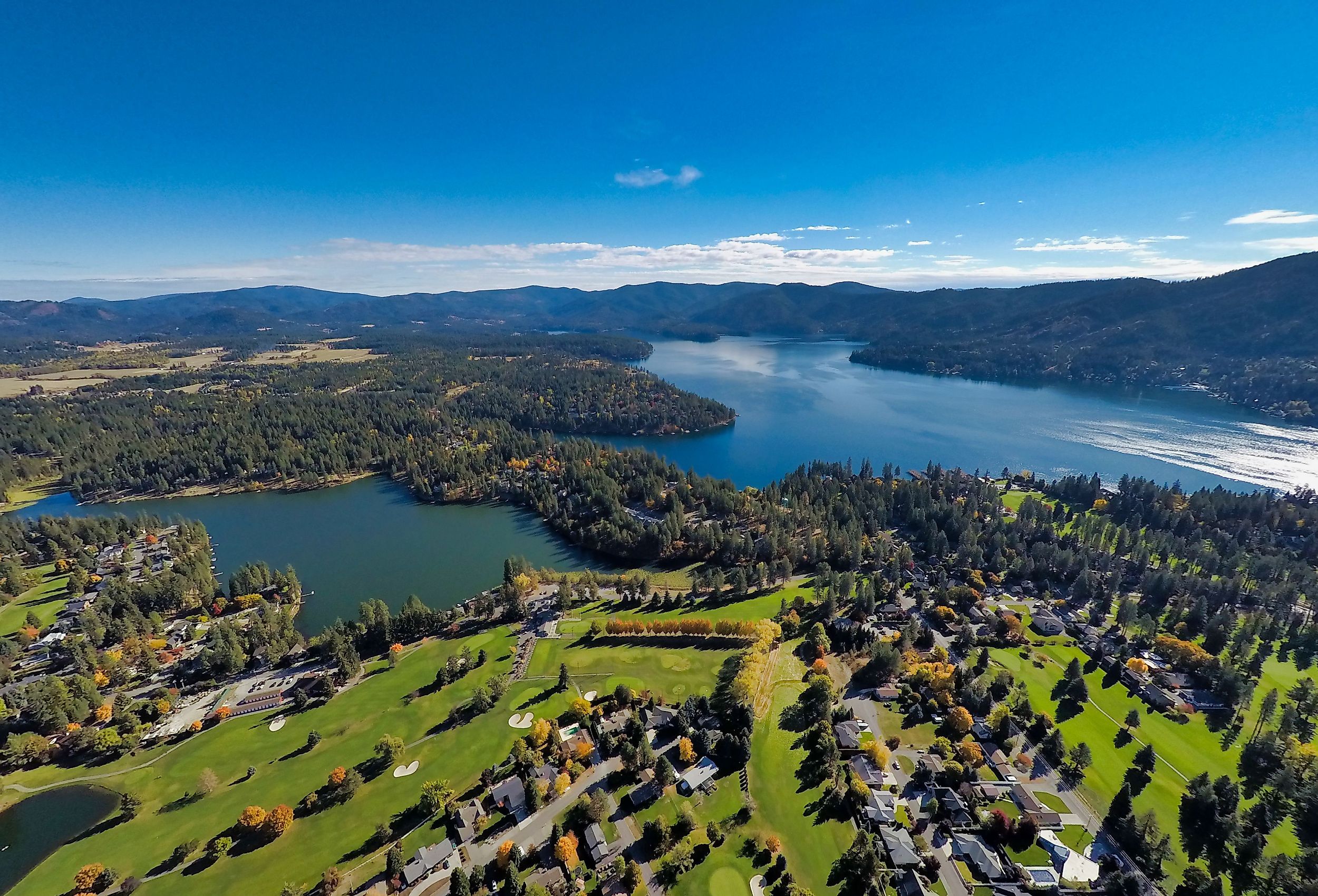 Aerial view of lakes and golf course in Hayden, Idaho.