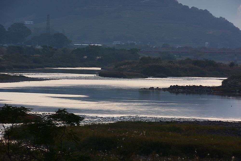 The rising levels of the Chikugo River in Japan.
