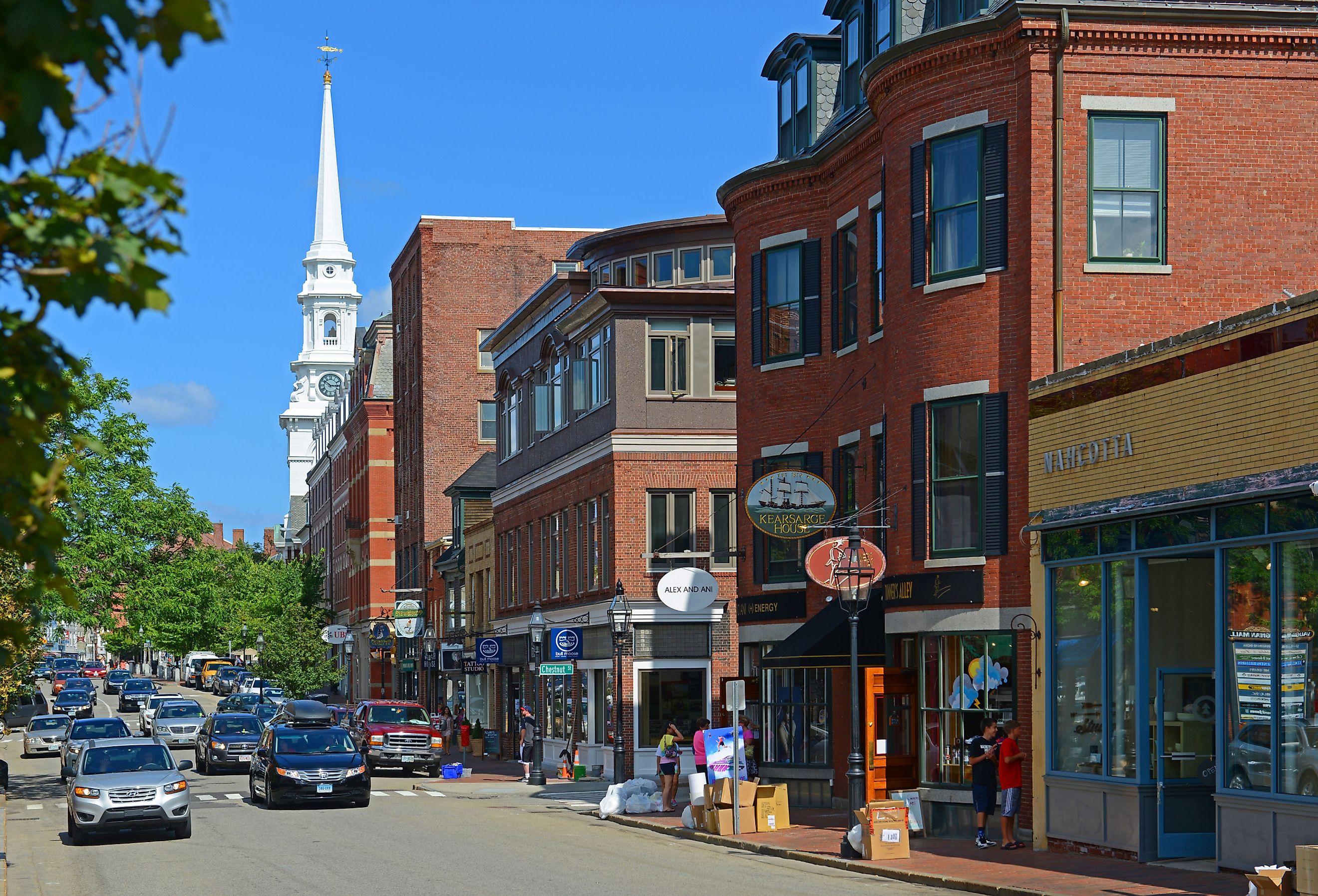 Historic buildings near Market Square in downtown Portsmouth. Image credit Wangkun Jia via Shutterstock.