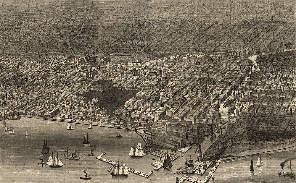 An image showering the burnt district of Chicago following the fire of 1871.