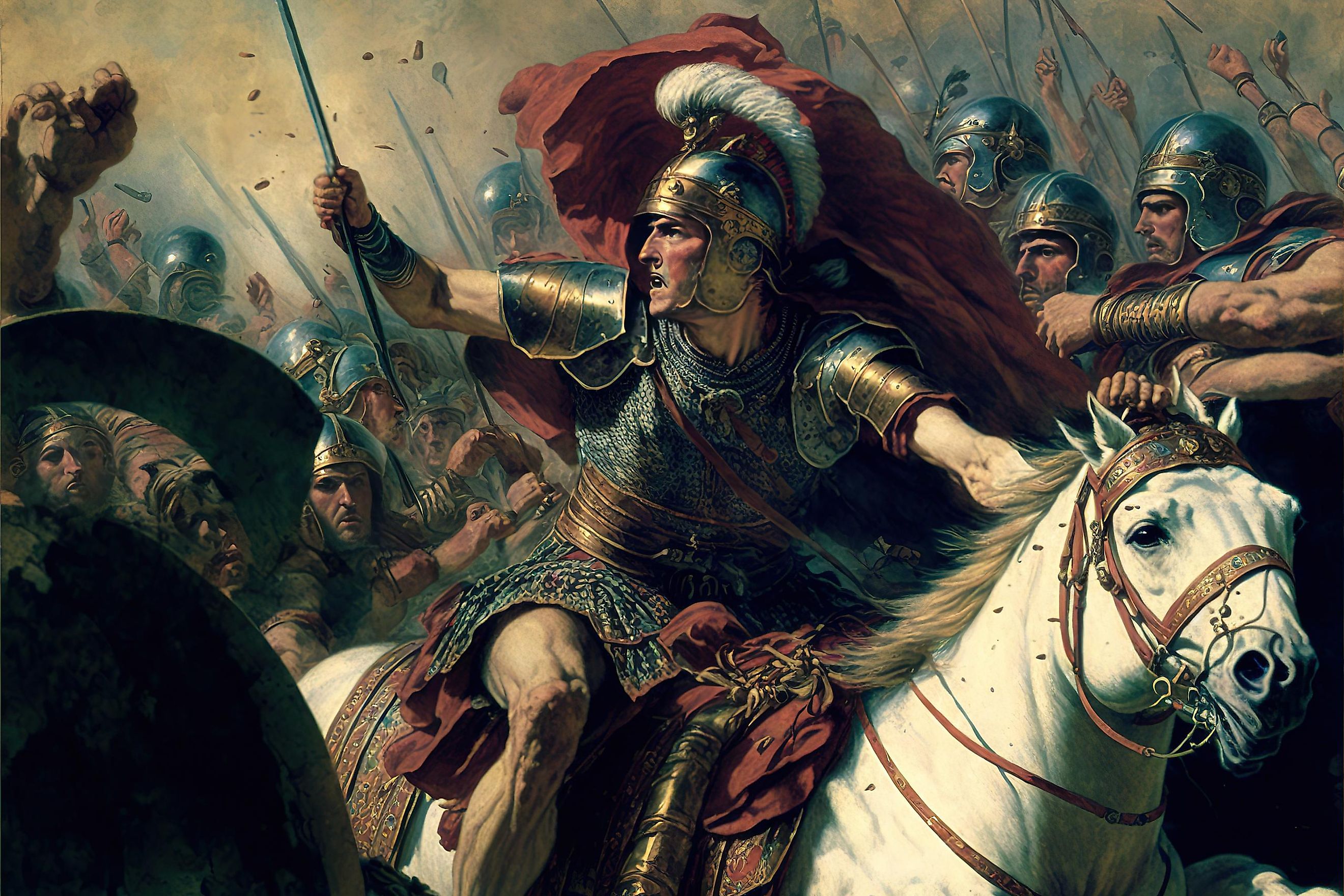 Illustration of Alexander the Great riding horseback, wielding a sword mid-battle. 
