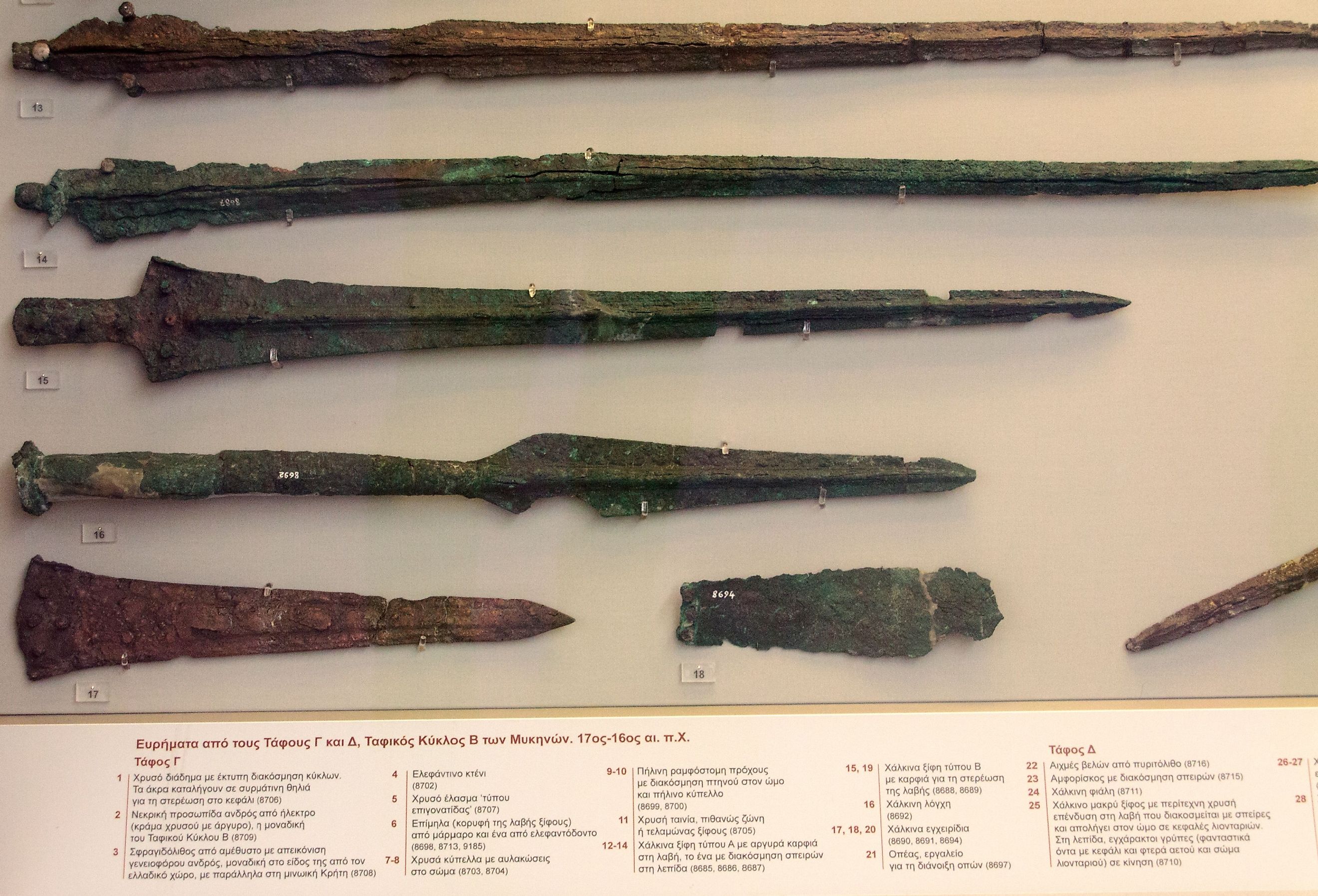 Various weapons of the bronze age found in the tombs of the ancient Mycenae, Athens archaeological museum, Greece. Image credit johzio via Shutterstock.