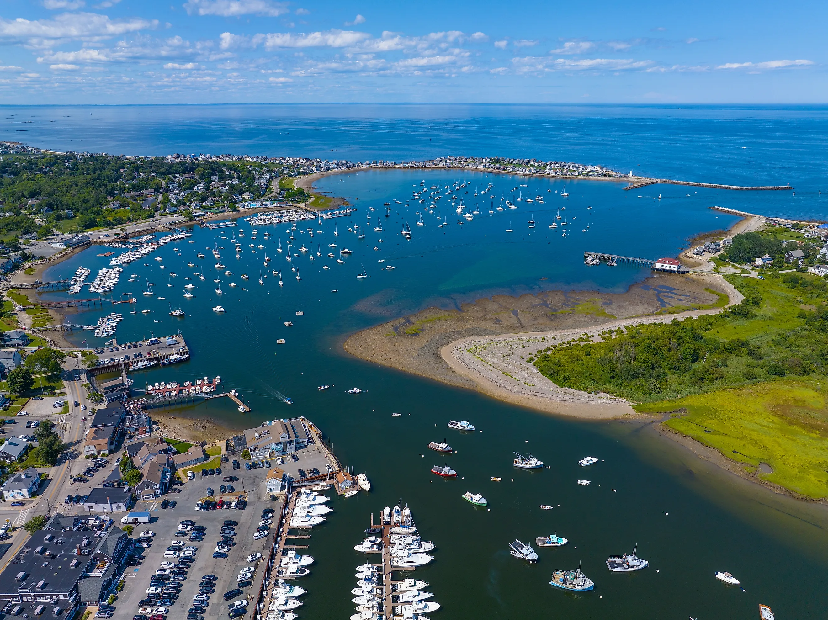Scituate Harbor aerial view including Bulman Marine and Harbor Marina in town of Scituate, Massachusetts MA, USA. 