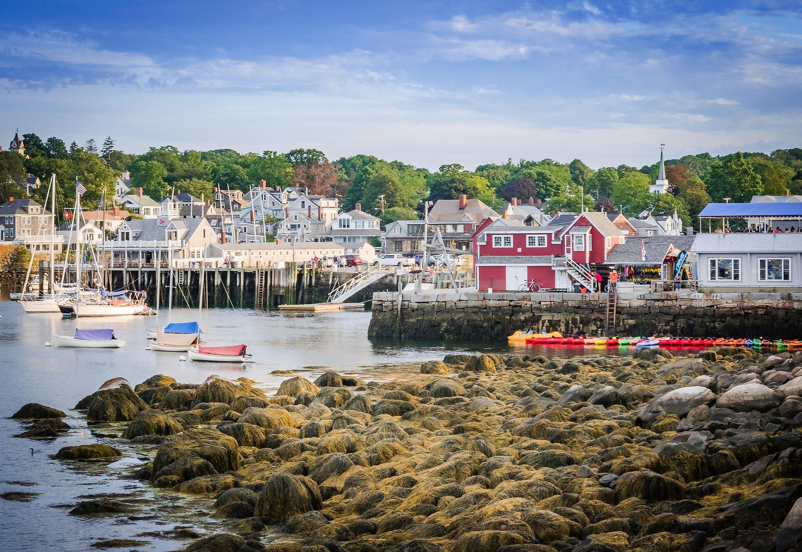 Blue sky summer day overlooking the beautiful, colorful, and iconic seaside harbor town of Rockport, Massachusetts
