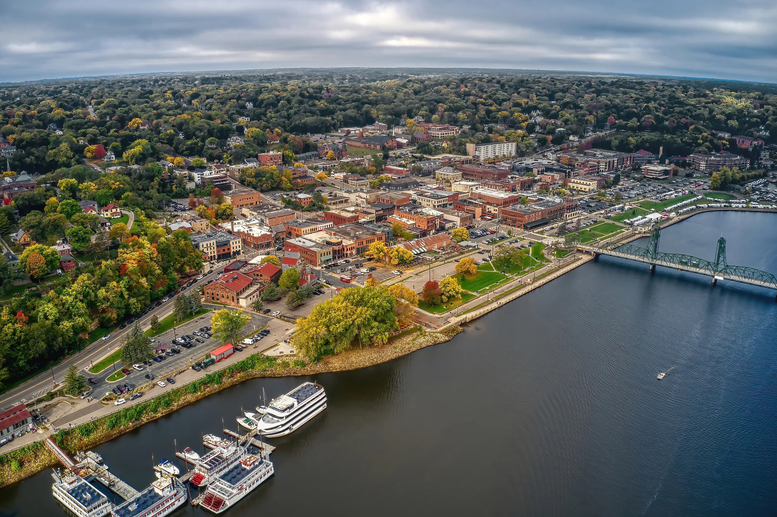 Aerial view of Stillwater, Minnesota along the St. Croix River.