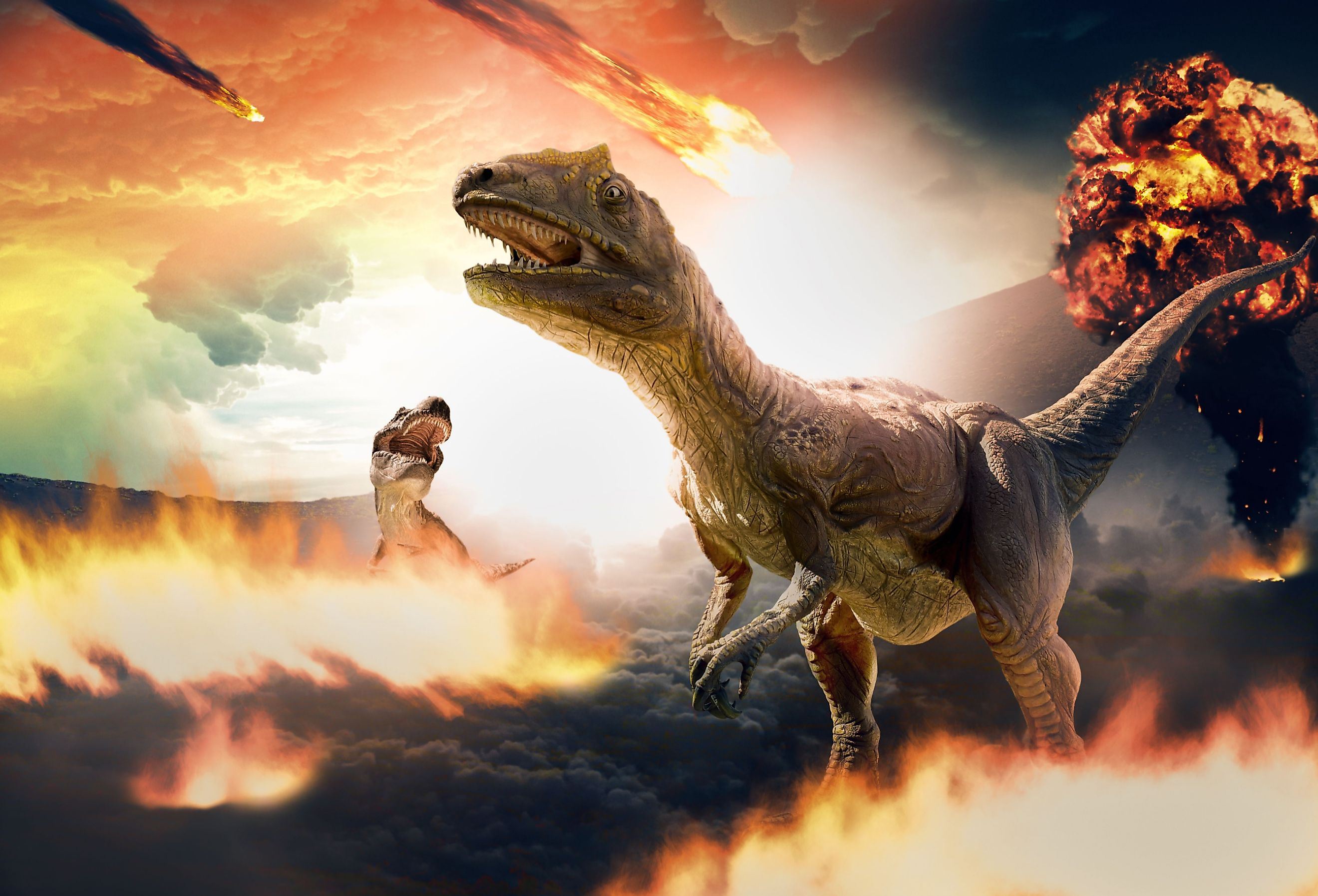 Dinosaurs and asteroids during the Cretaceous–Paleogene Extinction. Image credit serpeblu via Shutterstock