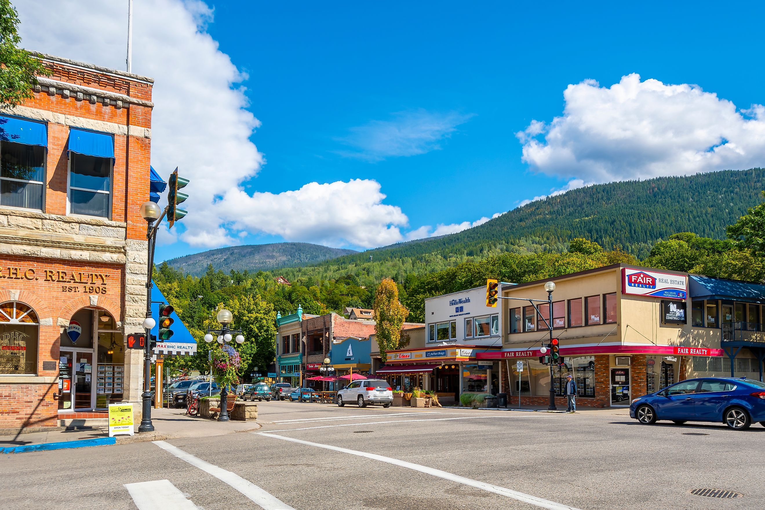 The historic buildings with businesses, shops and cafes along Baker Street in the town center of Nelson, BC, Canada.