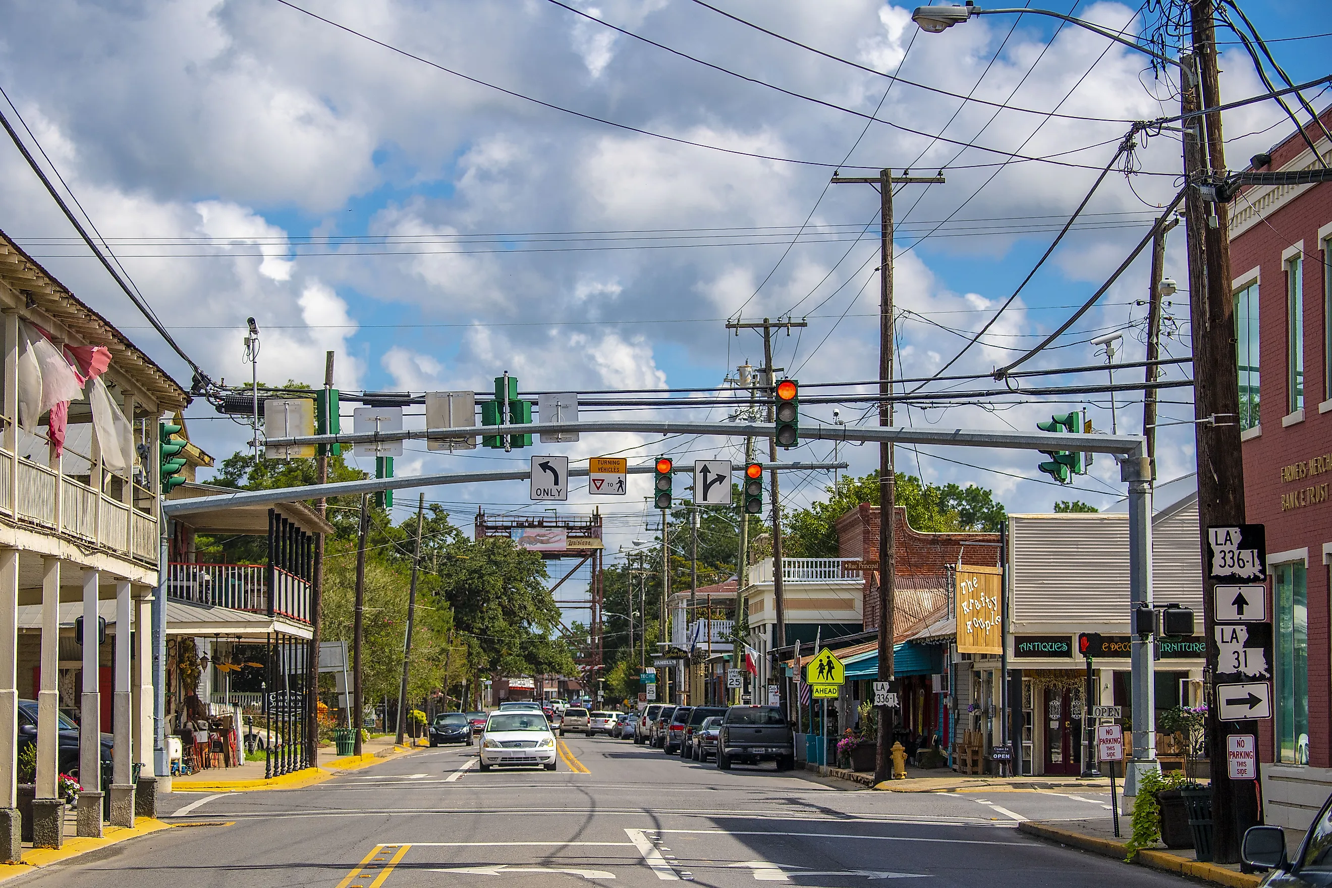 Buildings lined along downtown Breaux Bridge in Louisiana