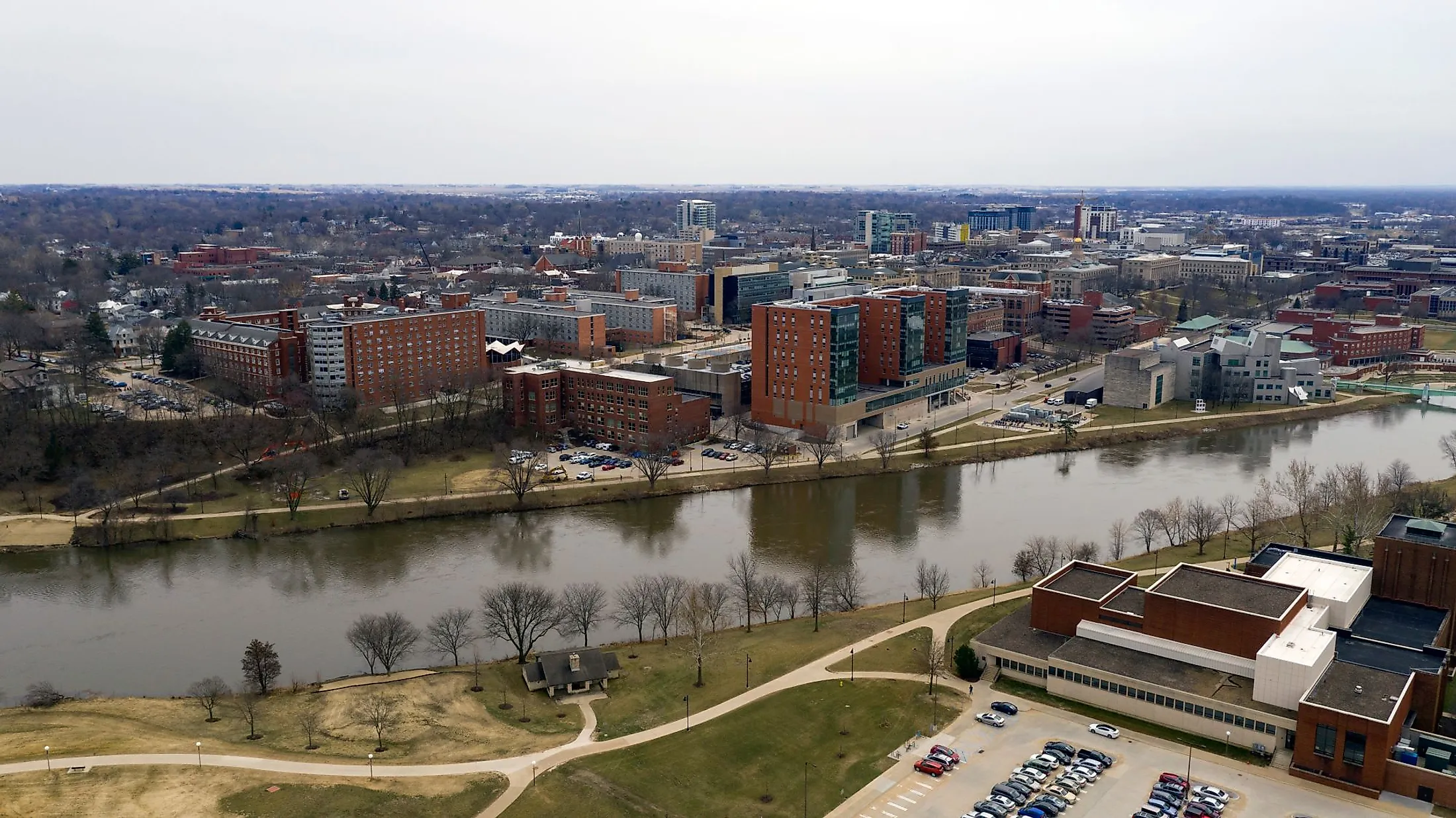 The college town of Iowa City is photographed here behind the Iowa River. 