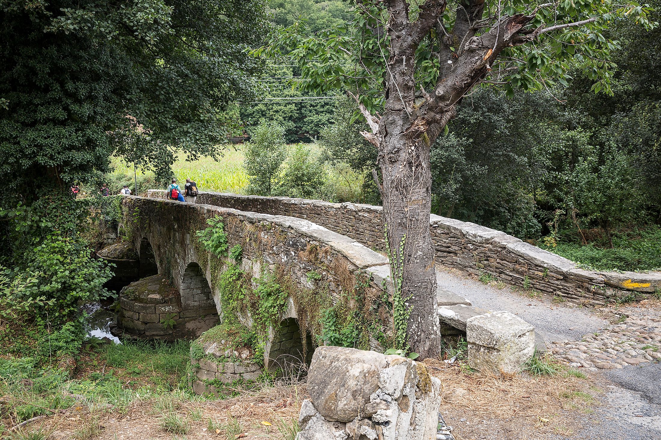 Pilgrims on the Ponte Áspera medieval bridge over Pequeño River, Sarria, Spain.