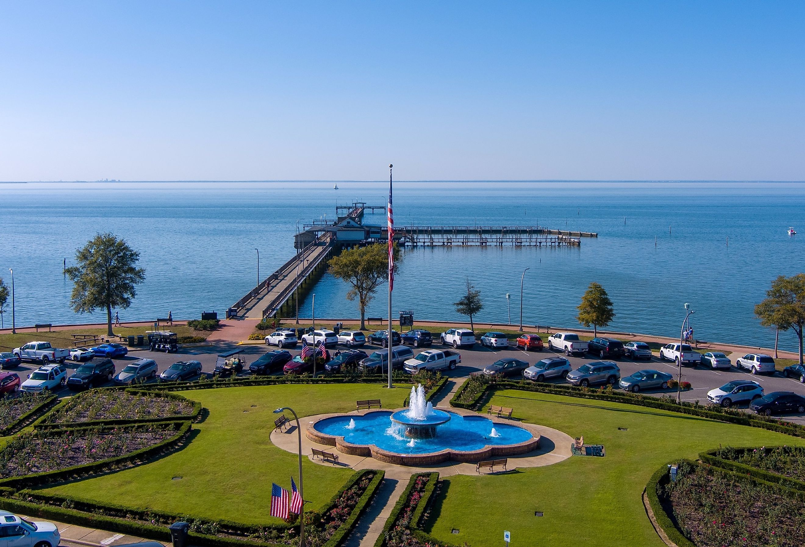 Aerial view of the Fairhope, Alabama Municipal Pier on the eastern shore of Mobile Bay.