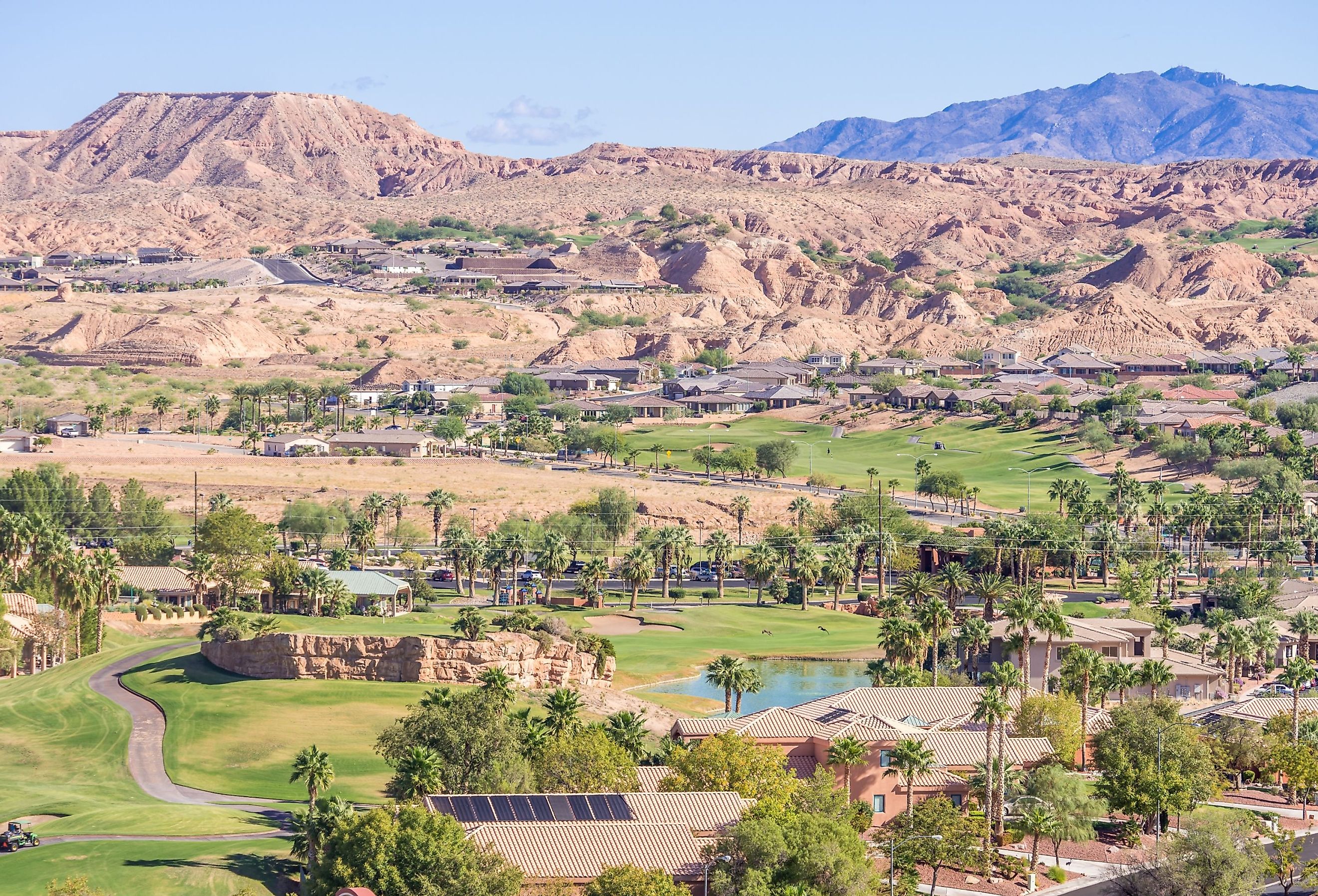 Picturesque Mesquite, Nevada, nestled in a valley amongst mesas and mountains.