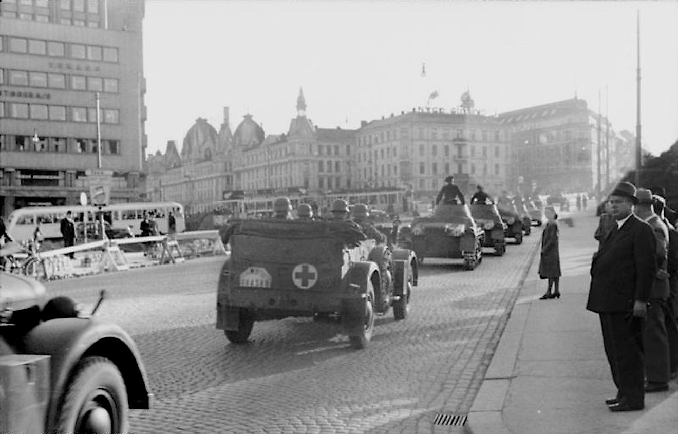 German troops enter Oslo, May 1940. In the background is the Victoria Terrasse, which later became the headquarters of the Gestapo.