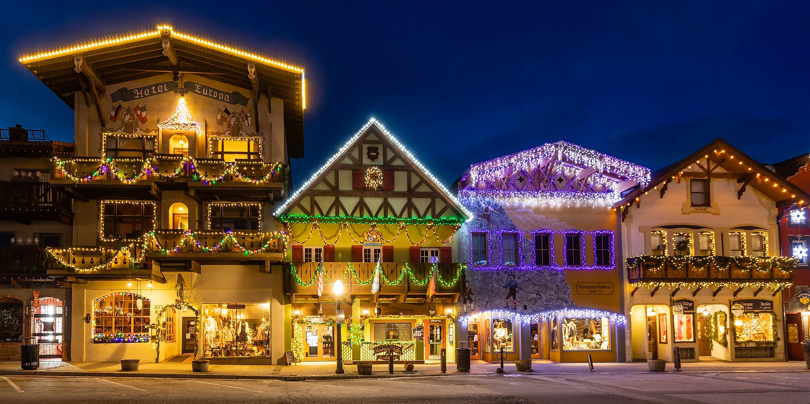 Leavenworth, Washington, USA, decorated with lights for the winter holidays. Editorial credit: Mark A Lee via Shutterstock