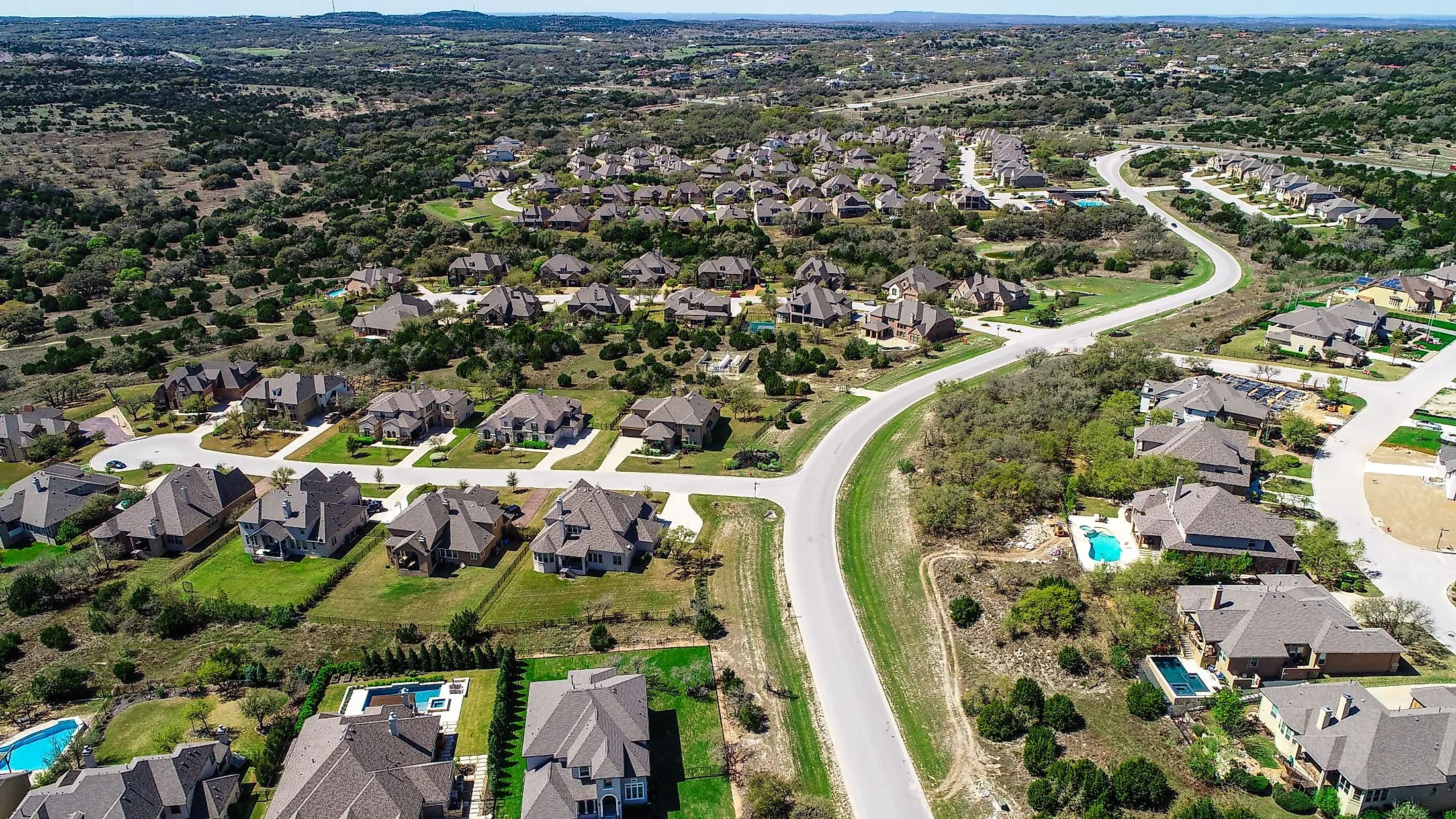 Aerial view of a suburb in Dripping Springs, Texas.