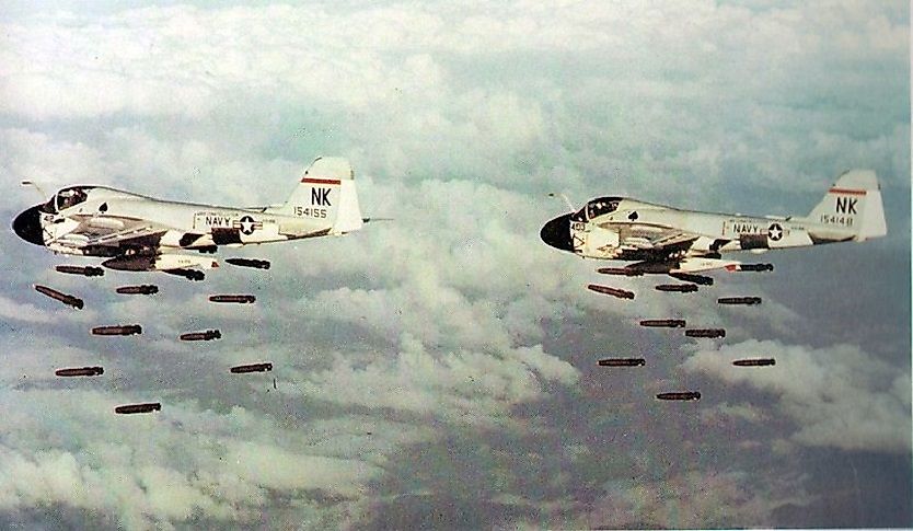 U.S. Navy bombers wreaking havoc on North Vietnamese areas of strategic importance during Operation Rolling Thunder.