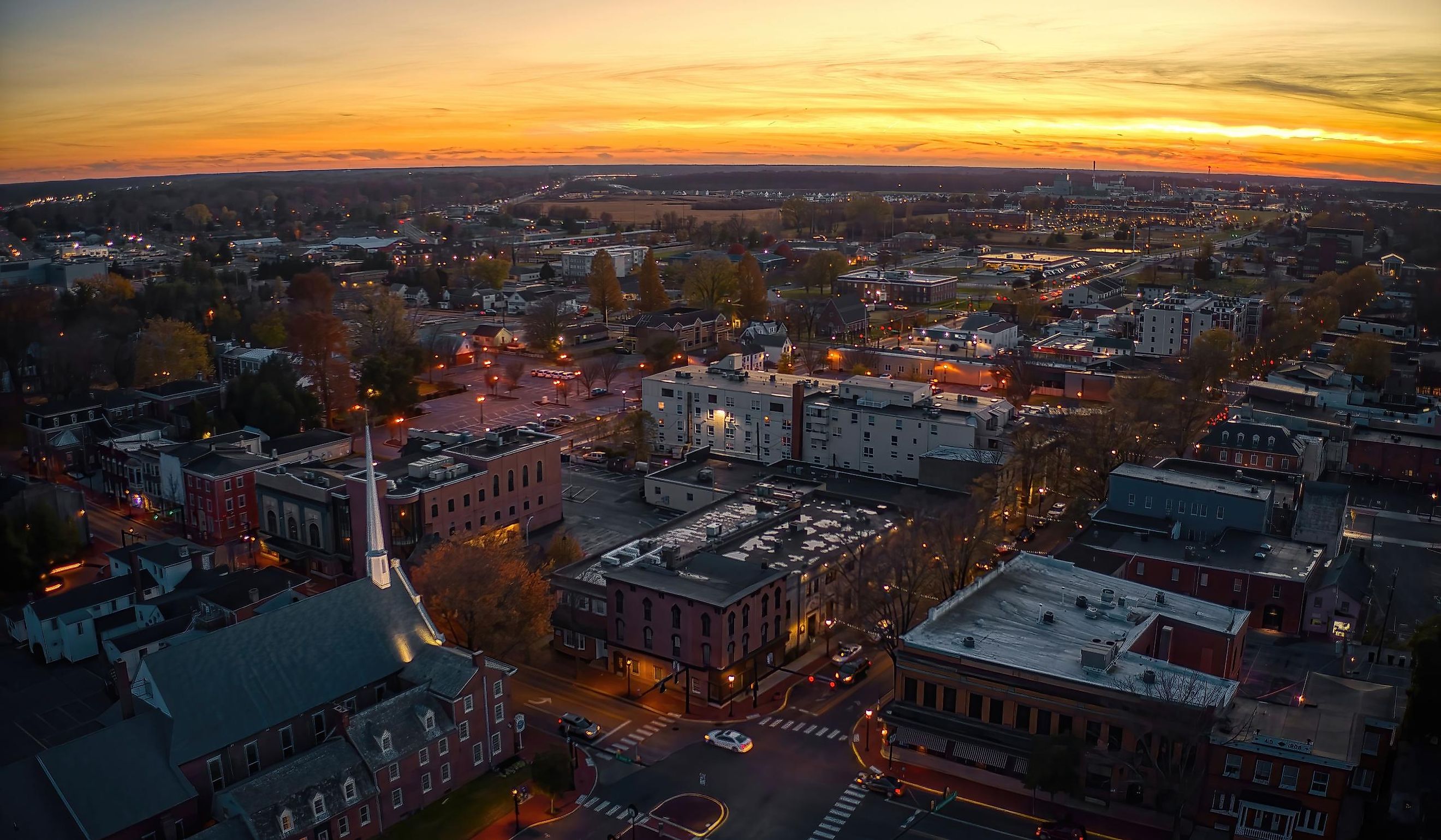 Aerial View of Dover, Delaware during Autumn at Dusk