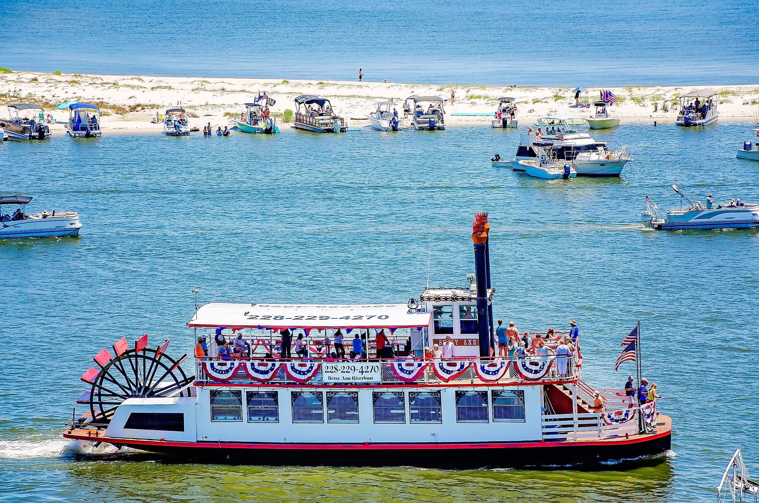 The Betsy Ann riverboat passes between Biloxi Small Craft Harbor and Deer Island in Biloxi, Mississippi.