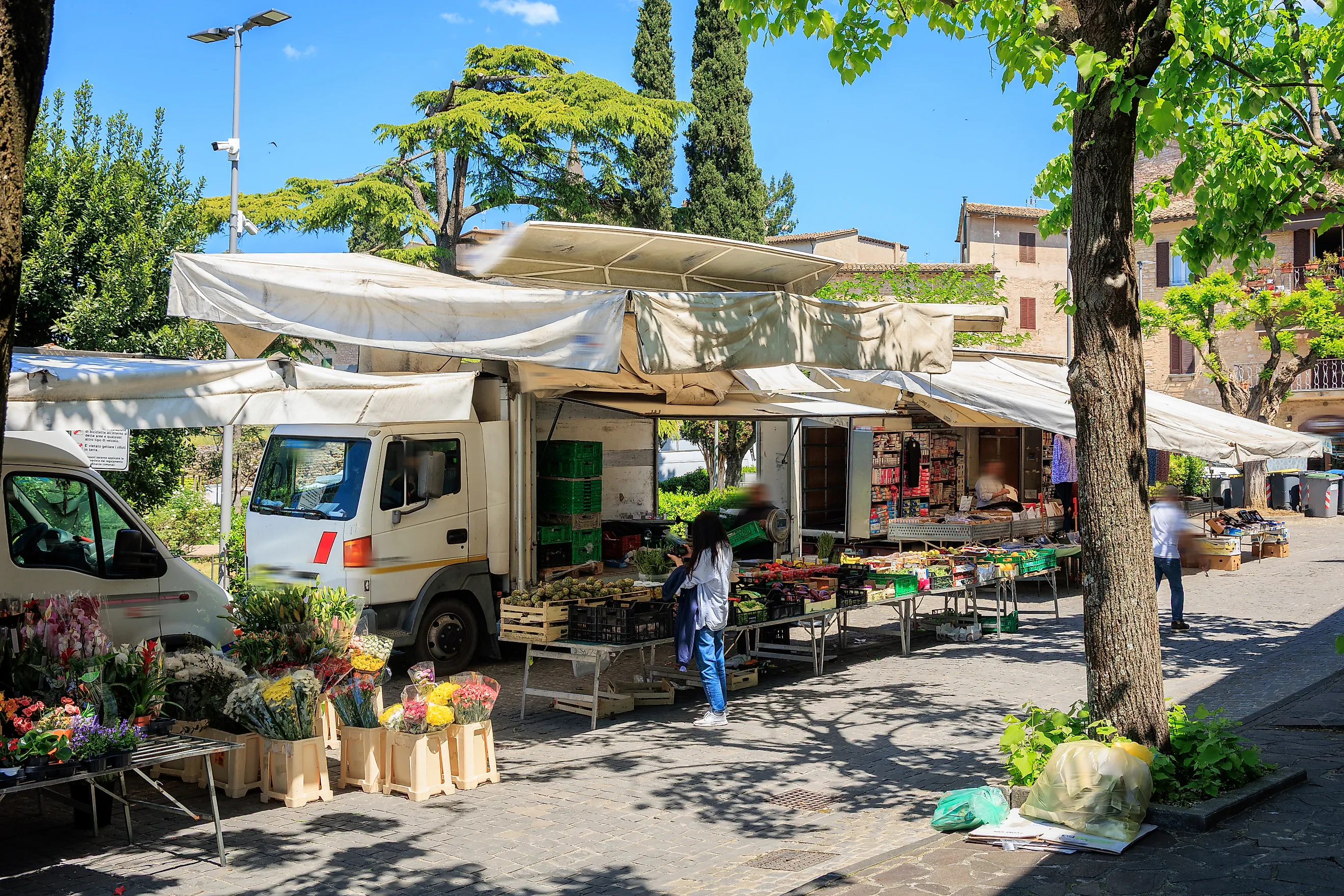 Woman enjoying weekend farmer's market in piazza, Spello, Umbria