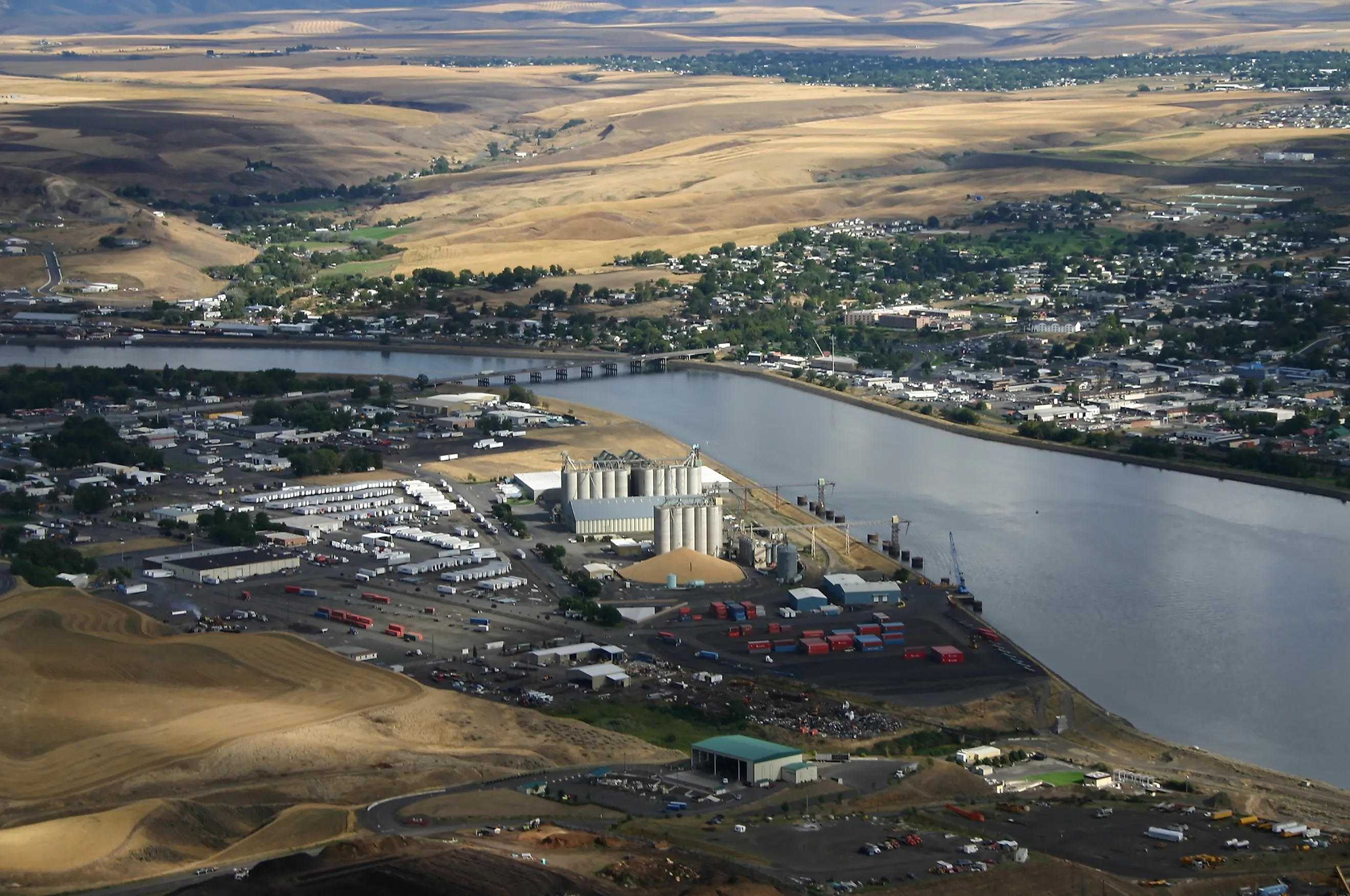 Aerial photograph of the Lewiston Port on the Clearwater South of the confluence with the Snake River in the inland northwest