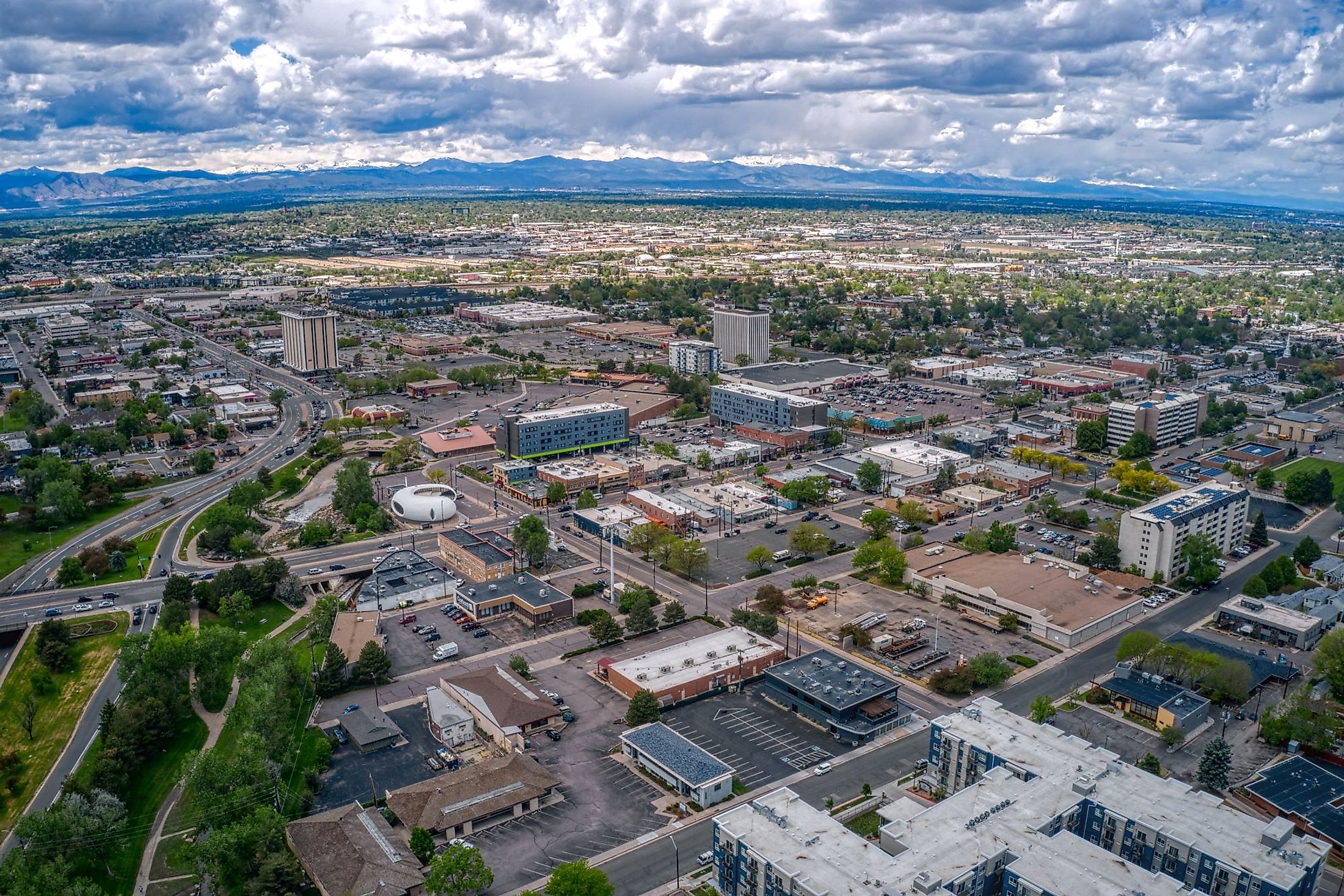 Aerial view of the Denver suburb of Arvada, Colorado. 