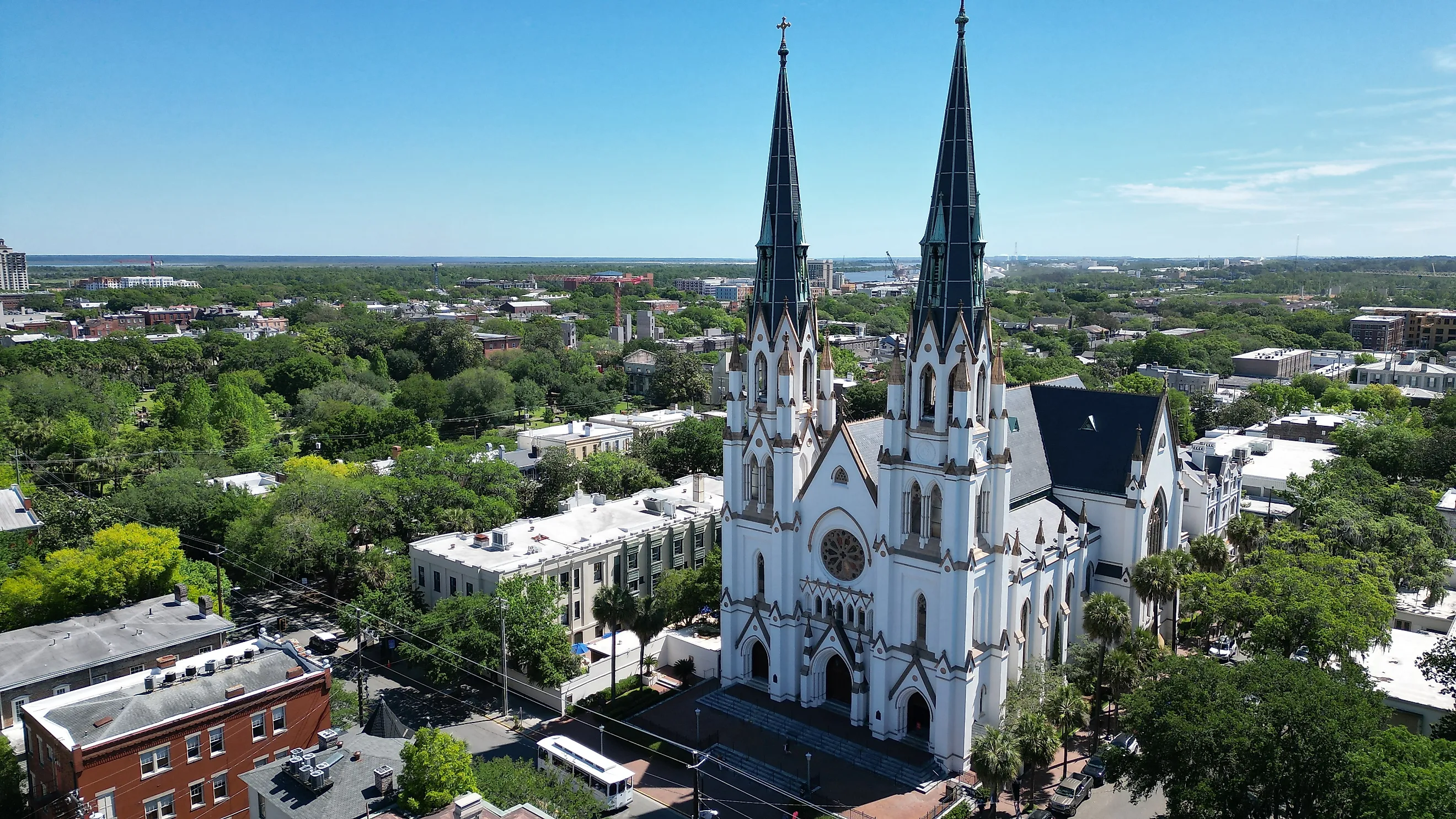 View of St John's episcopal church in historical district of Savannah, Georgia.