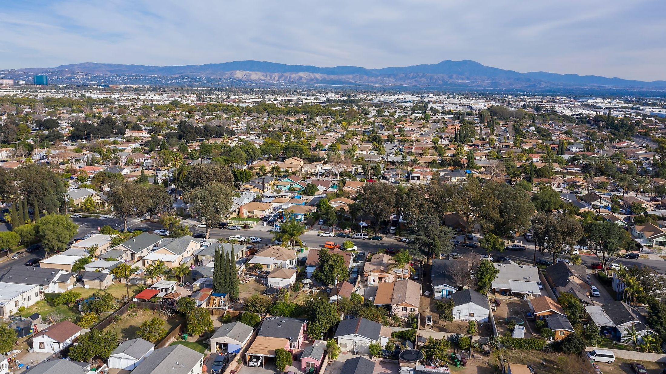 Day time aerial view of a residential area in Santa Ana, California