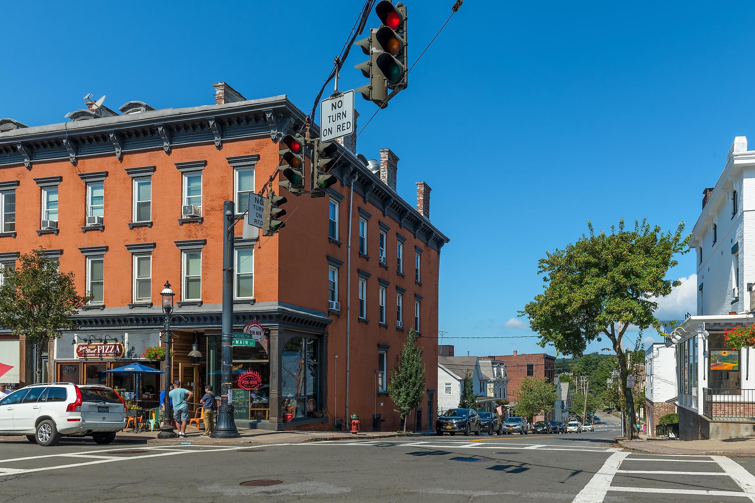 Historic building exteriors along Main St on September 18 2021 in the village of Sleepy Hollow in New York state.