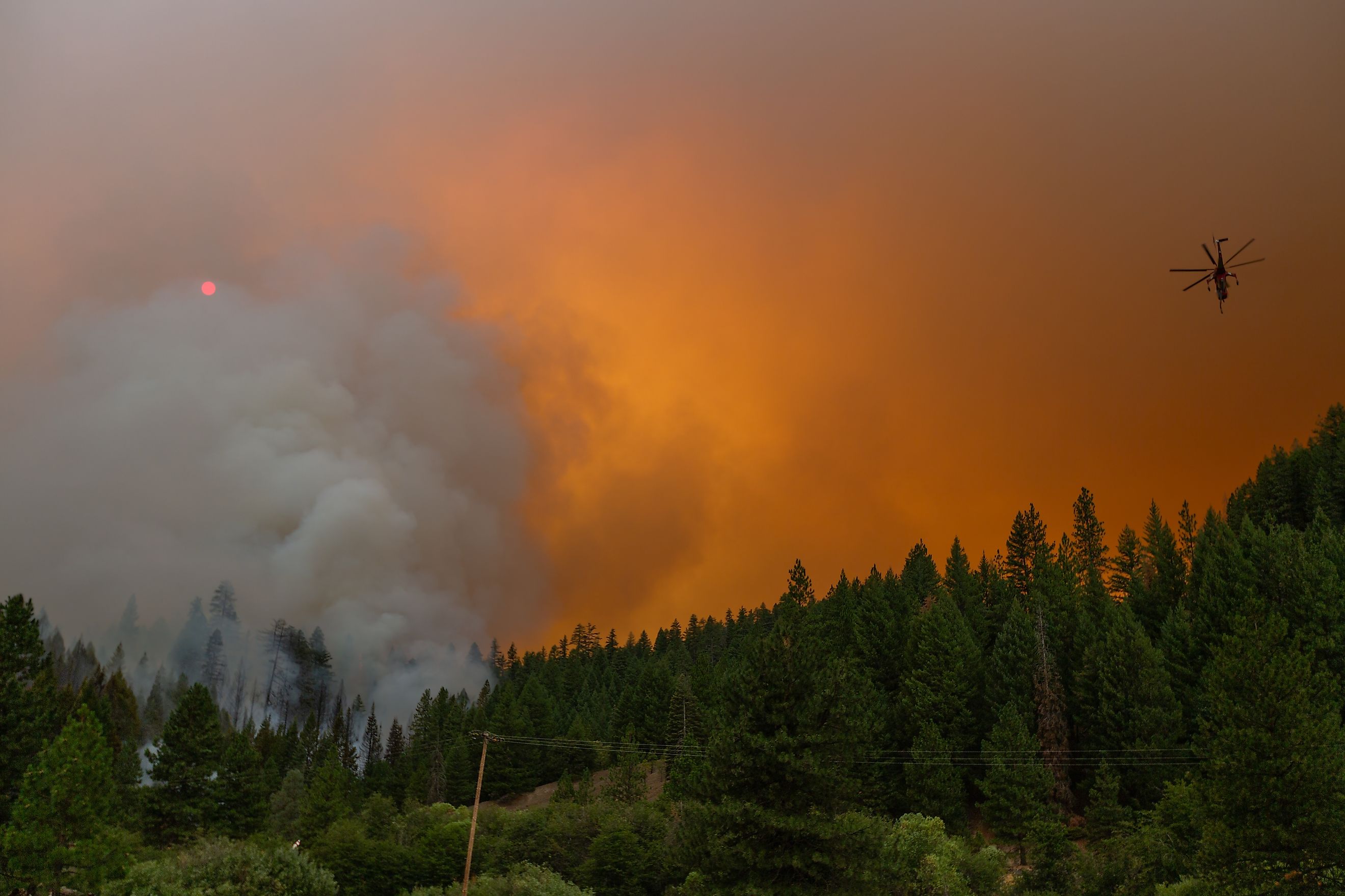 A helicopter moves above  a section of the McFarland Fire in the Shasta-Trinity National Forest in California, Editorial credit: DBrownPhotos / Shutterstock.com