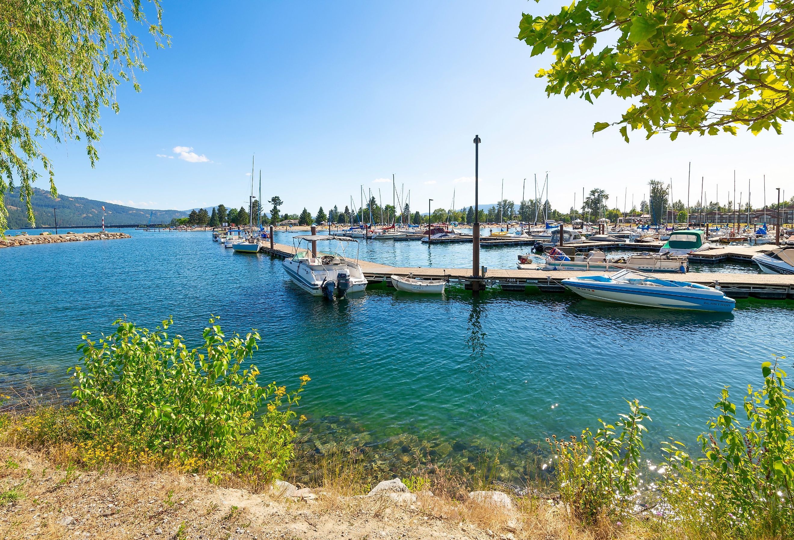 The marina and city beach area of downtown Sandpoint, Idaho, with boats filling the docks on Lake Pend Oreille on a summer day in the Idaho panhandle.