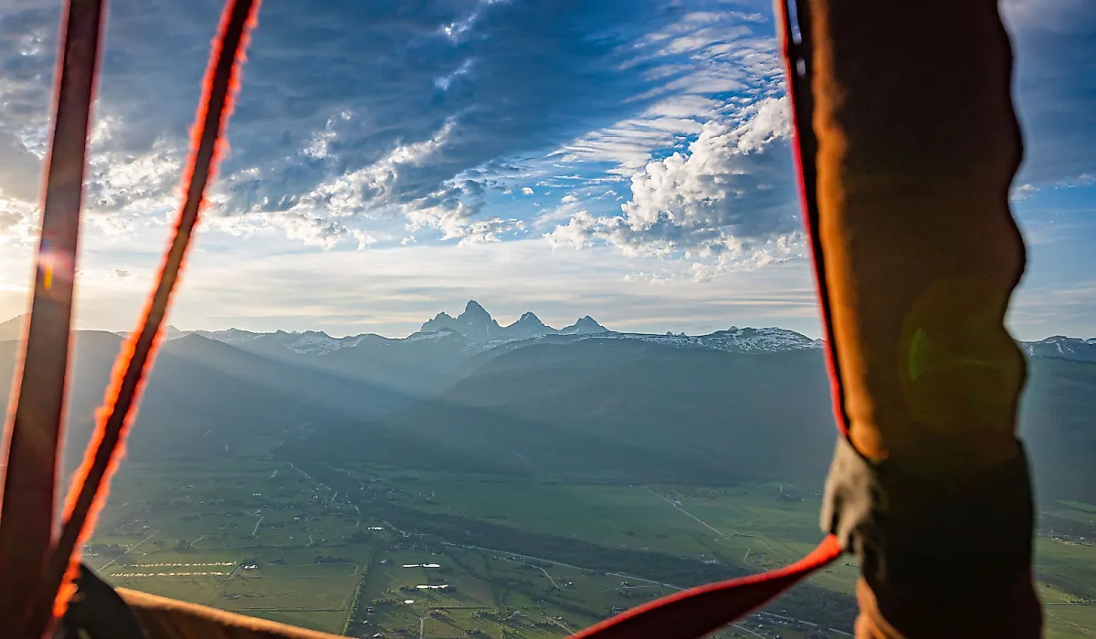 A hot air balloon view from Driggs, Idaho of the Grand Tetons.