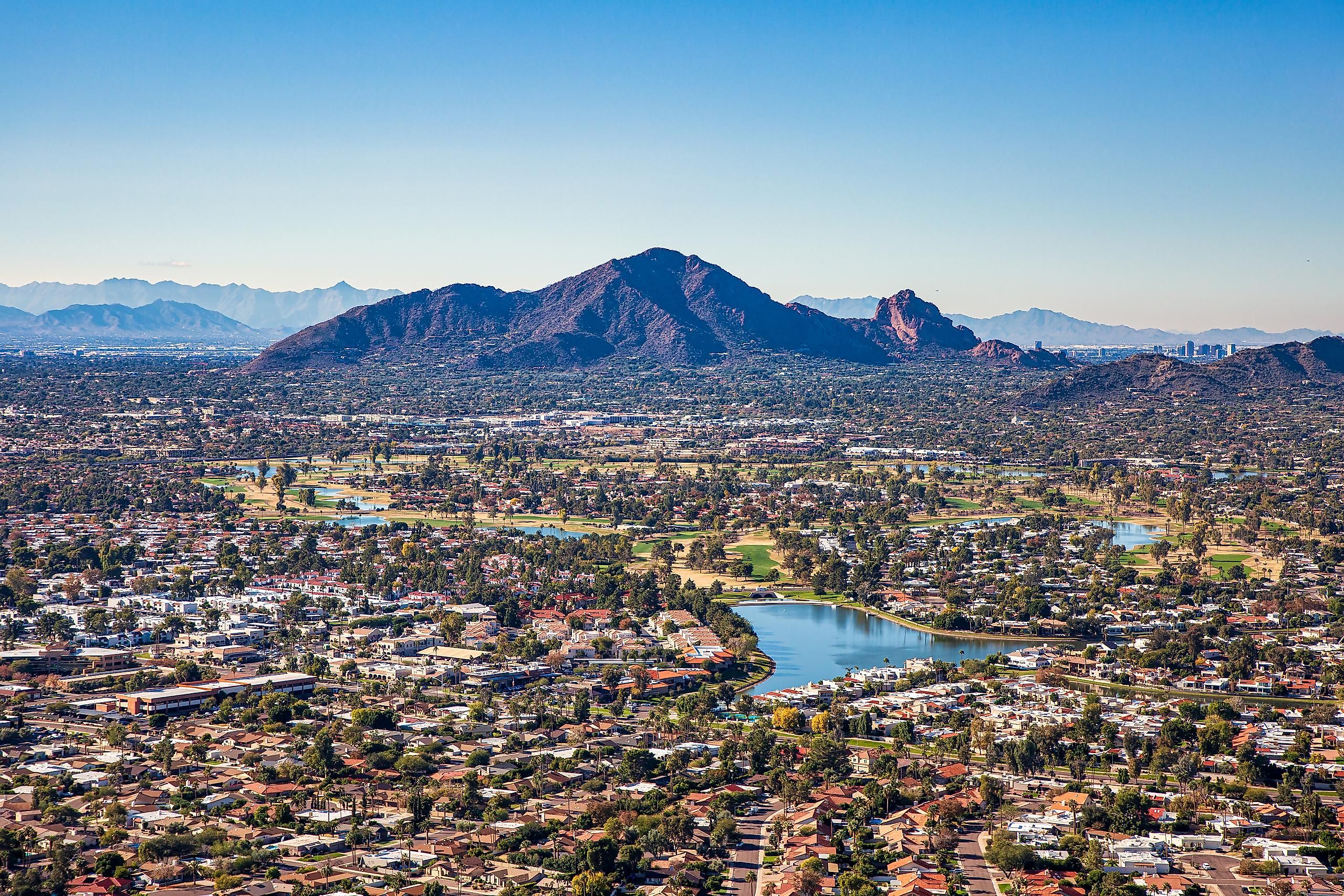 Above Scottsdale, Arizona looking SW towards Camelback Mountain and downtown Phoenix