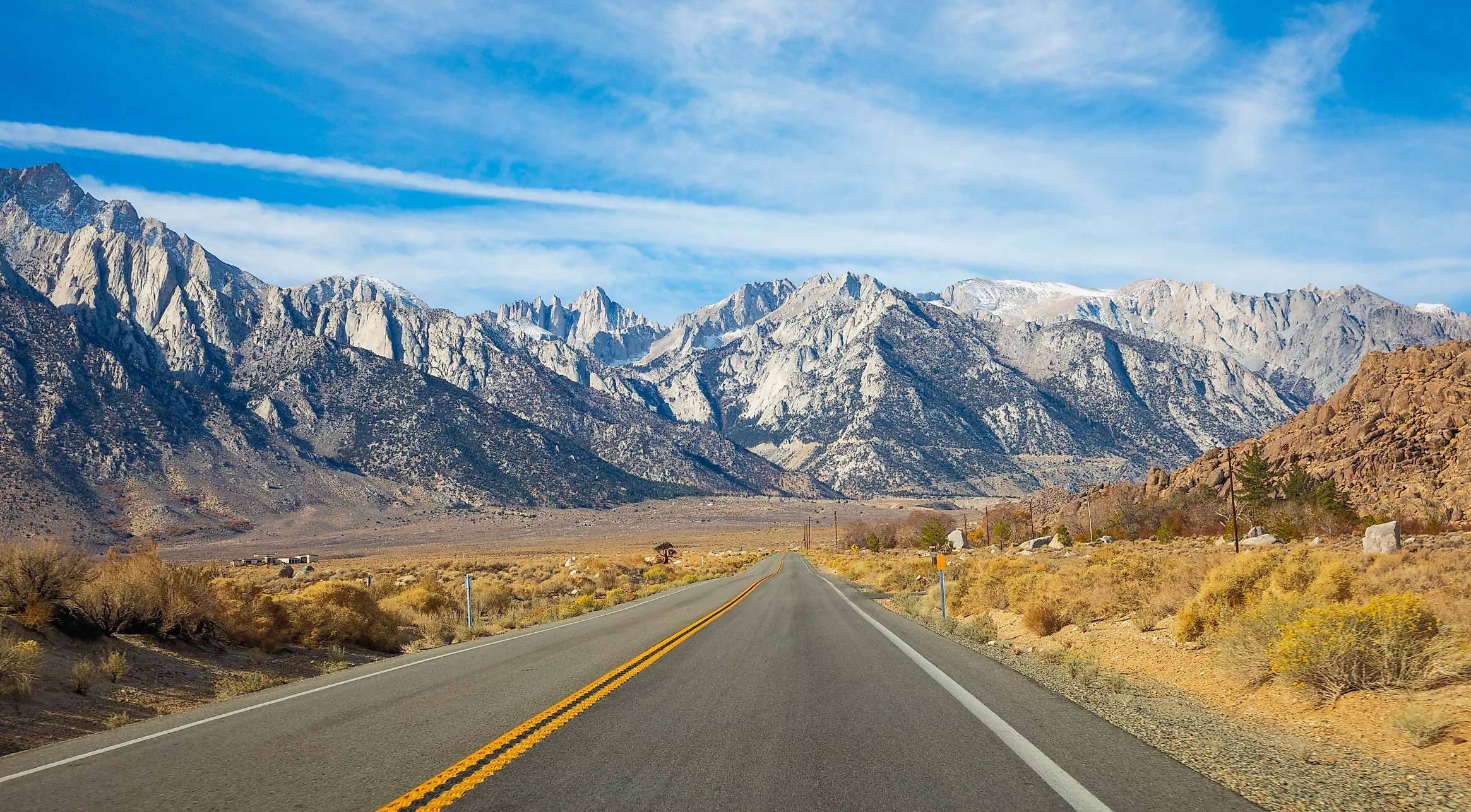 Empty Road leading to Mount Whitney near Lone Pine, California