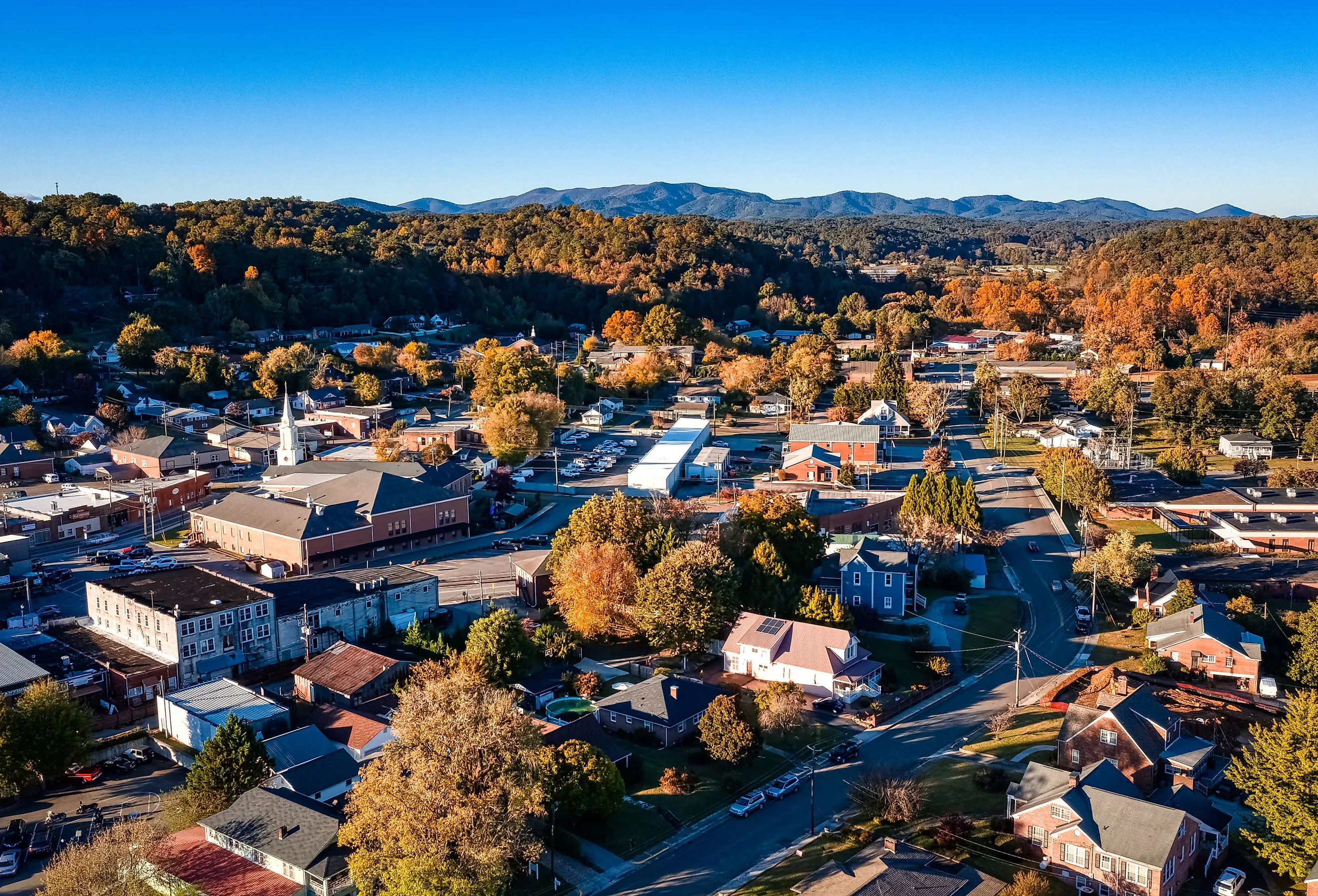 Aerial sunset during the fall in Ellijay, Georgia, at the Georgia Mountains.